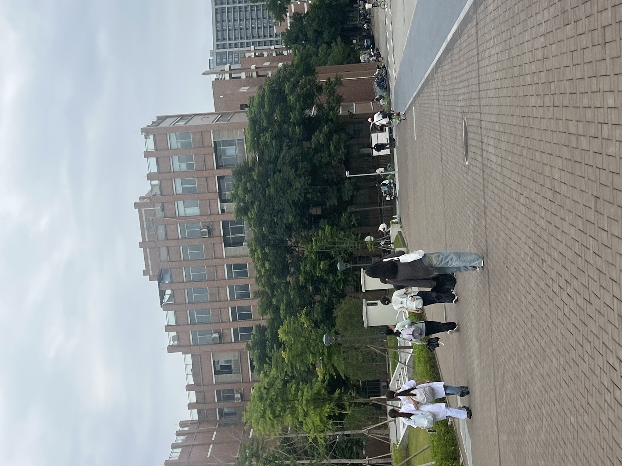This is a medium-shot, eye-level, outdoor photograph taken on a cloudy day in the Liandu District of China. The scene depicts a paved walkway in front of a large, multi-story brick building with numerous windows and a flat roof. The building is surrounded by lush green trees. Several individuals are walking away from the camera on the walkway. Two individuals in the foreground are wearing white tops and jeans, each carrying a backpack. Behind them, another person in a light-colored top and jeans is also carrying a backpack. Further back, a person in dark clothing is walking with a white bag. In the background, there are more people, some on bicycles and scooters, and additional buildings. The walkway is made of interlocking bricks, and there is a blue lane on the right side of the frame, possibly a bike or pedestrian path.