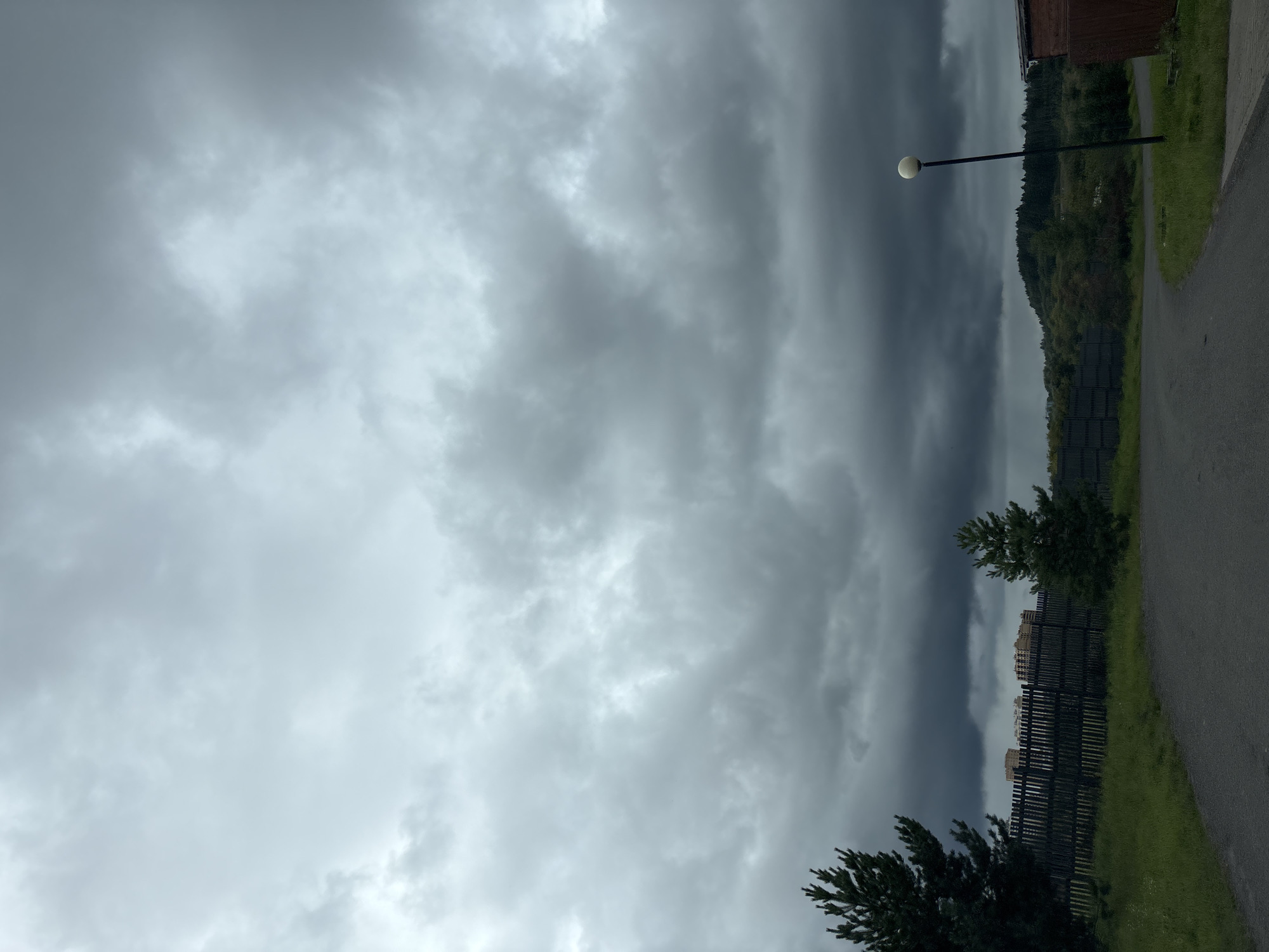 An overcast, gray sky dominates the upper portion of the image, with thick clouds obscuring any view of the sun. The lower half of the image depicts a rural or suburban landscape. In the foreground, a paved road curves to the right. To the left of the road, a dark wooden fence runs horizontally across the frame, with tall, dark green pine trees in front of it. Beyond the fence, a row of light-colored buildings, possibly apartment complexes, can be seen. To the right of the road, a single, round lamppost stands tall. Further in the distance, a line of trees and hills stretches across the horizon. The overall atmosphere is somber and appears to be before or during a rainstorm. The location is identified as Zvenigorod, Russia. There are no people or animals visible in the scene.