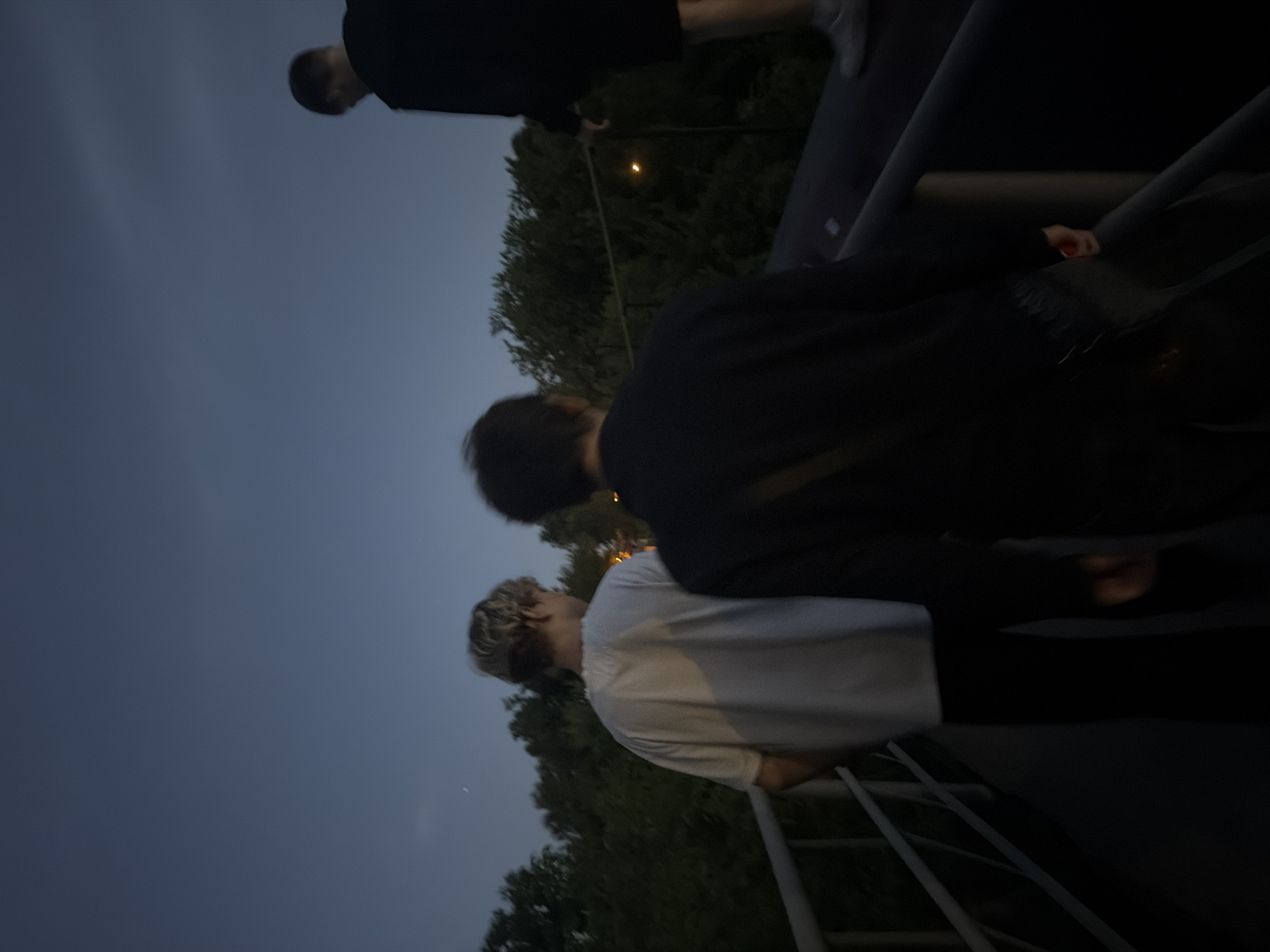 The image shows three individuals on a raised walkway or bridge at dusk, with trees and foliage visible on either side and a dusky blue sky above. The person on the far right is partially visible, wearing dark clothing and white sneakers. The person in the center is wearing dark clothing and is facing away from the camera, with a sling bag on their right shoulder. The person on the left is wearing a white t-shirt and dark pants, also facing away from the camera. The walkway has a metal railing on the left side. The lighting suggests it is evening, with some artificial lights visible in the distance. The general atmosphere is subdued, with the low light levels causing some blurriness. There is no specific indication of the city of Perm, Russia, within the visual elements of the image.