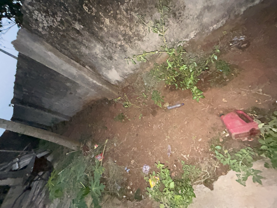 An outdoor space shows a weathered cement wall and a ground area covered with dirt, interspersed with green plants and scattered debris. A red plastic container sits on the ground. Discarded wrappers and a small blue bottle add to the scene's unkempt nature. The lighting suggests either early morning or late evening. A partial view of some outdoor furniture is visible at the lower-left corner of the image.