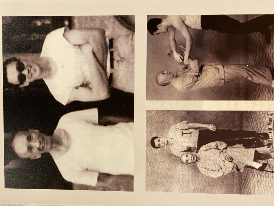 The media file displays a page from an old book or document, featuring four black and white photographs, likely historical, all depicting individuals, possibly in Guang Zhou Shi, China. The images are oriented sideways.
**Top Left Photo:** Shows a young man wearing sunglasses and a white t-shirt, smiling broadly, with an older, bald man in a white t-shirt smiling behind him, partially visible. The background is dark and appears to be outdoors.
**Bottom Left Photo:** A close-up of the older, bald man from the top left photo, wearing a white t-shirt and smiling.
**Top Right Photo:** Features two men in an indoor setting with a textured floor. A younger man in a tank top and dark trousers is demonstrating a martial arts technique, possibly a wrist lock or control, on the arm of the older, bald man, who is wearing a light-colored traditional Chinese garment. Both appear focused, suggesting a training or instructional moment.
**Bottom Right Photo:** The older, bald man, dressed in a traditional Chinese garment and holding a cane, is standing alongside a younger man wearing a t-shirt with the letter "I" on it and dark pants. Both are smiling and posing for the camera in an indoor setting with a textured floor. Partially visible text in the bottom right corner of this photo reads "Master Yip Man &".
The presence of the text "Master Yip Man &" strongly suggests the older man depicted across these photographs is Ip Man (Yip Man), the renowned grandmaster of Wing Chun kung fu. The younger men are likely his students or associates. The overall atmosphere conveyed by the smiling faces is one of warmth and camaraderie, interspersed with focused martial arts instruction. The photos capture moments of teaching, interaction, and portraiture.