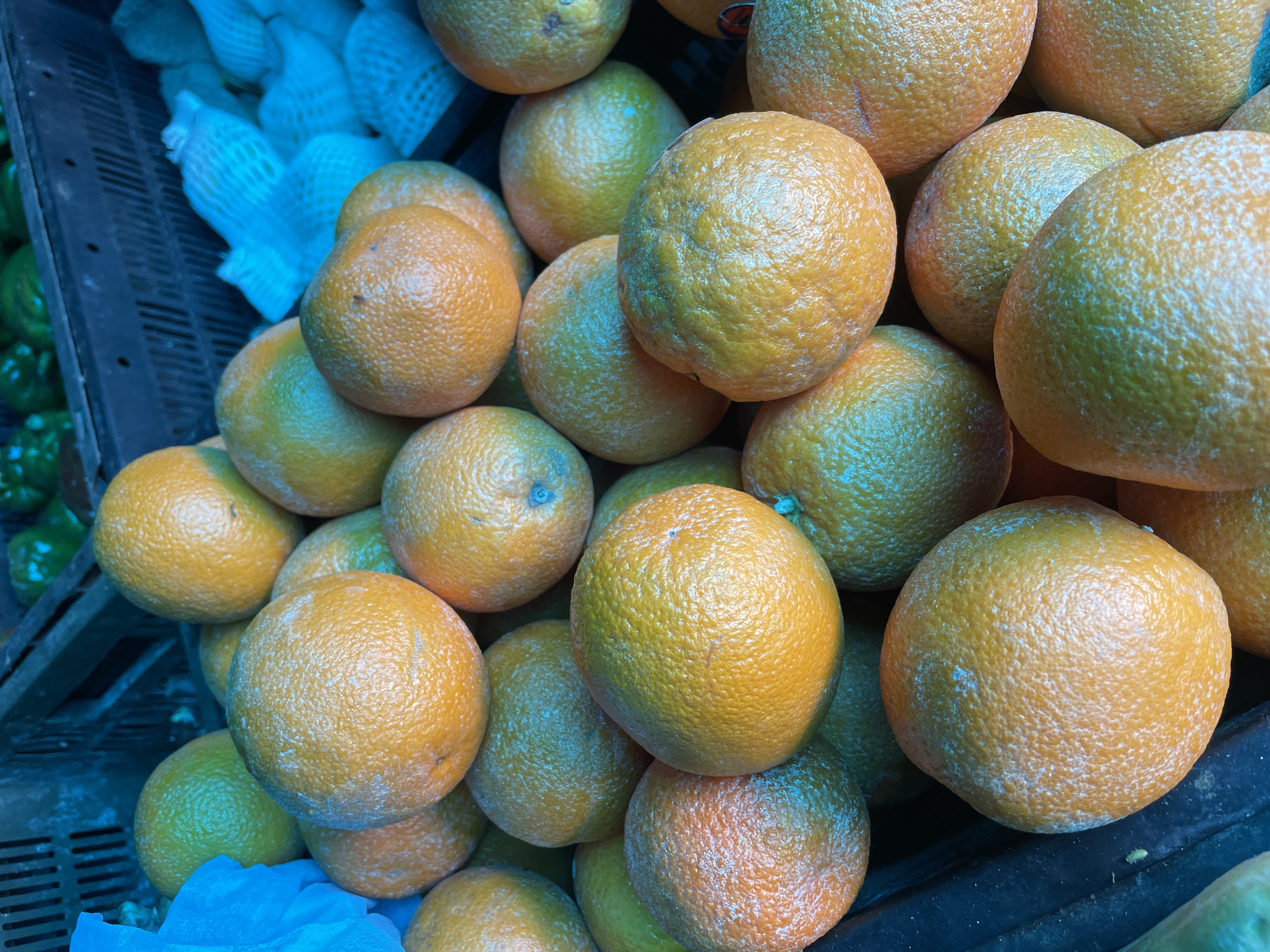 The image shows a close-up of a pile of oranges in a market stall in Bhagsu, India. The oranges are mostly round with textured skin, varying in shades of orange and green, indicating some are riper than others. Some of the oranges have white powdery residue on their skins. The oranges are in a black plastic crate, with other fruits and produce visible in the background, including what appears to be green peppers in another crate. There is a blue plastic bag on the left side of the frame. The lighting suggests an outdoor market setting.