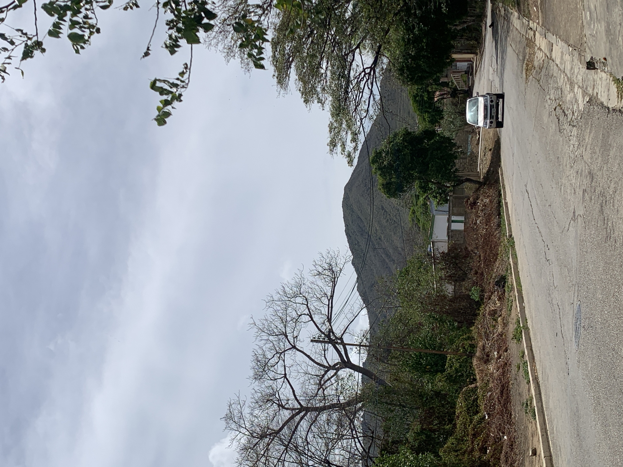 The image shows a street scene in Santa Ana, Venezuela. A gray or silver pickup truck is positioned on the right side of the road, facing the viewer. The road is cracked and aged. Houses and lush vegetation line the left side of the street, with a mountain rising in the background. The sky is overcast. A bare tree is visible on the left side of the frame. Power lines are visible.