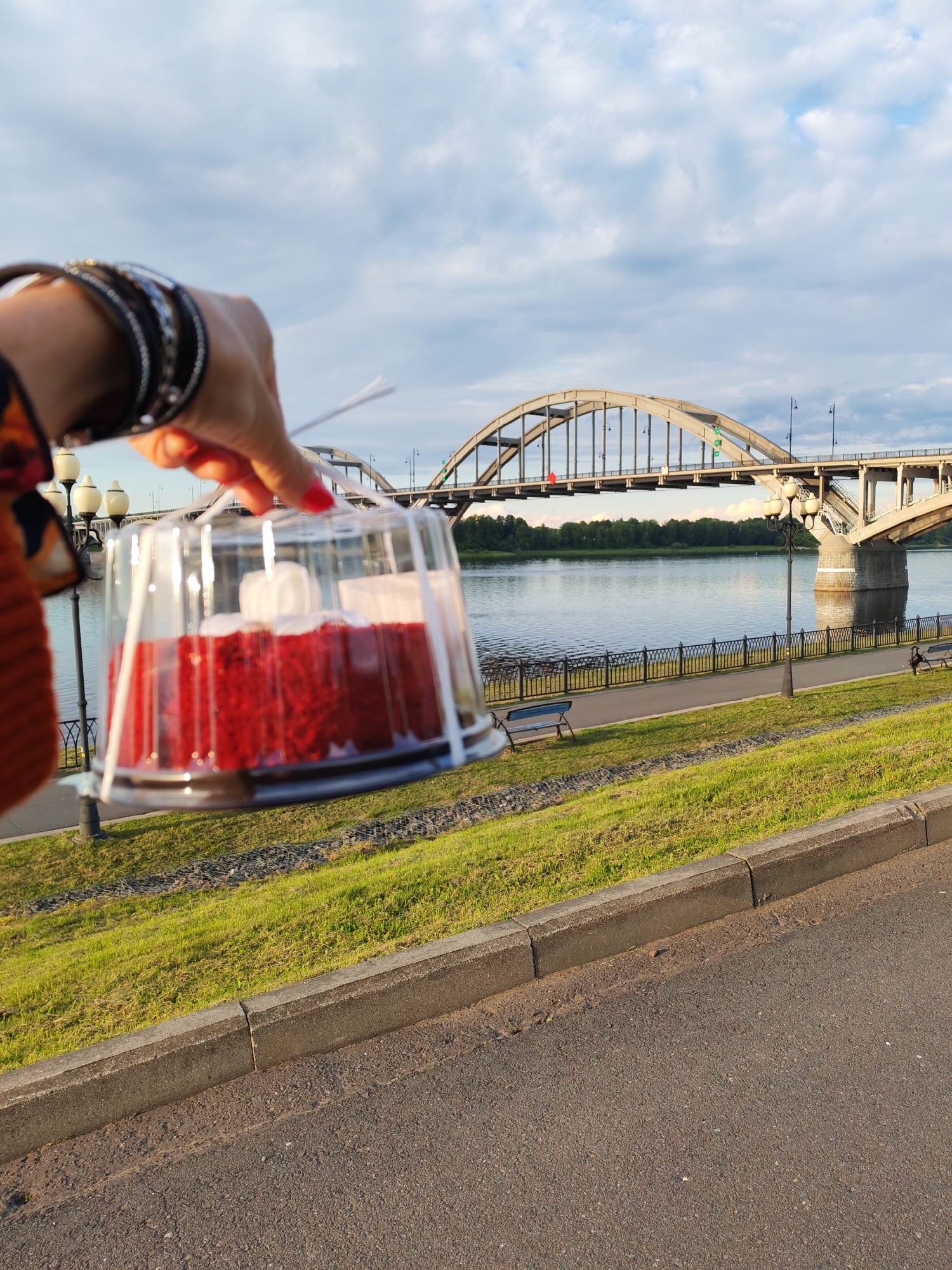 In Bol'shie Mkhi, Russia, a hand with bright red nail polish and multiple bangles on its wrist holds a clear plastic container with a red cake inside, topped with white frosting swirls. The container is secured with white ribbon. The cake is positioned in the foreground, with a river and an arched bridge in the background. A paved walkway, a grassy embankment, and streetlights are also visible. The sky is partly cloudy.