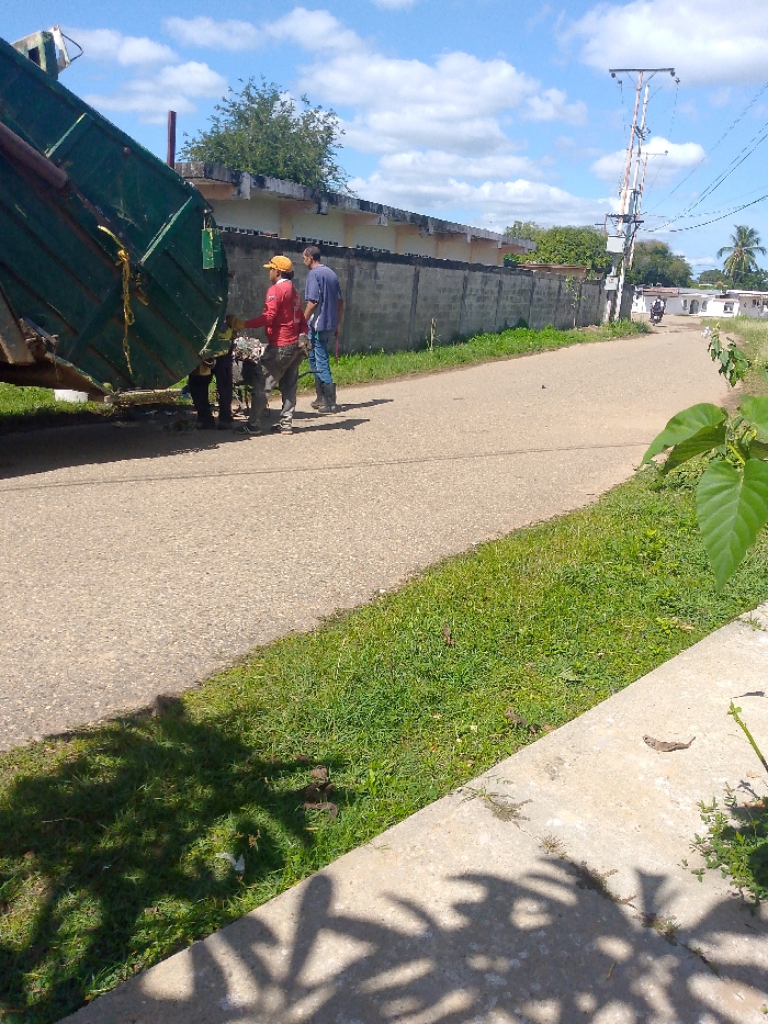 Two men stand beside a green garbage truck with a man attending to it. The truck is angled toward the viewer, parked on a paved road with grassy edges. A long concrete wall runs along the side of the road. Further down the road, a person rides a moped. A utility pole is visible in the distance under a partly cloudy sky. In the foreground are shadows of trees.