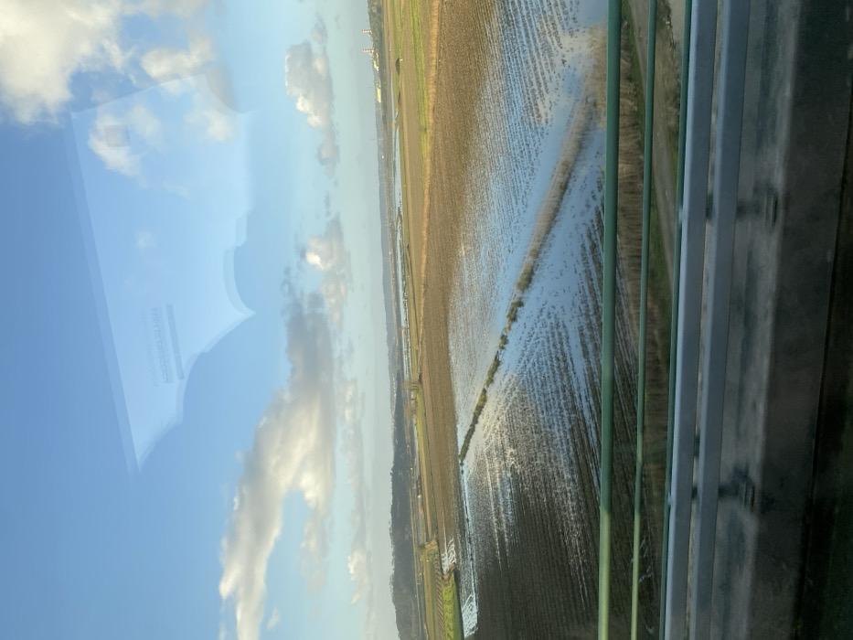 The image displays a panoramic view of extensive, partially inundated agricultural fields within the Montemor-o-Velho region of Portugal, characteristic of the Lower Mondego Valley's floodplains. The vantage point is from an elevated structure, indicated by a green metal railing and a grey concrete barrier occupying the lower foreground. The landscape is composed of dark, tilled earth organized in linear rows, interspersed with substantial sections of shallow standing water reflecting the blue sky and scattered white clouds. In the far distance, low, vegetated hills are visible on the left horizon, while two prominent, slender industrial structures, resembling chimneys or towers, rise against the sky on the right. No individuals, vehicles, or specific activities are discernible within the external scene. The upper portion of the photograph exhibits distinct reflections on a transparent surface, likely a vehicle window, revealing distorted textual elements including "RESERVADO A PESSOAS" and "DE ÁGUA".