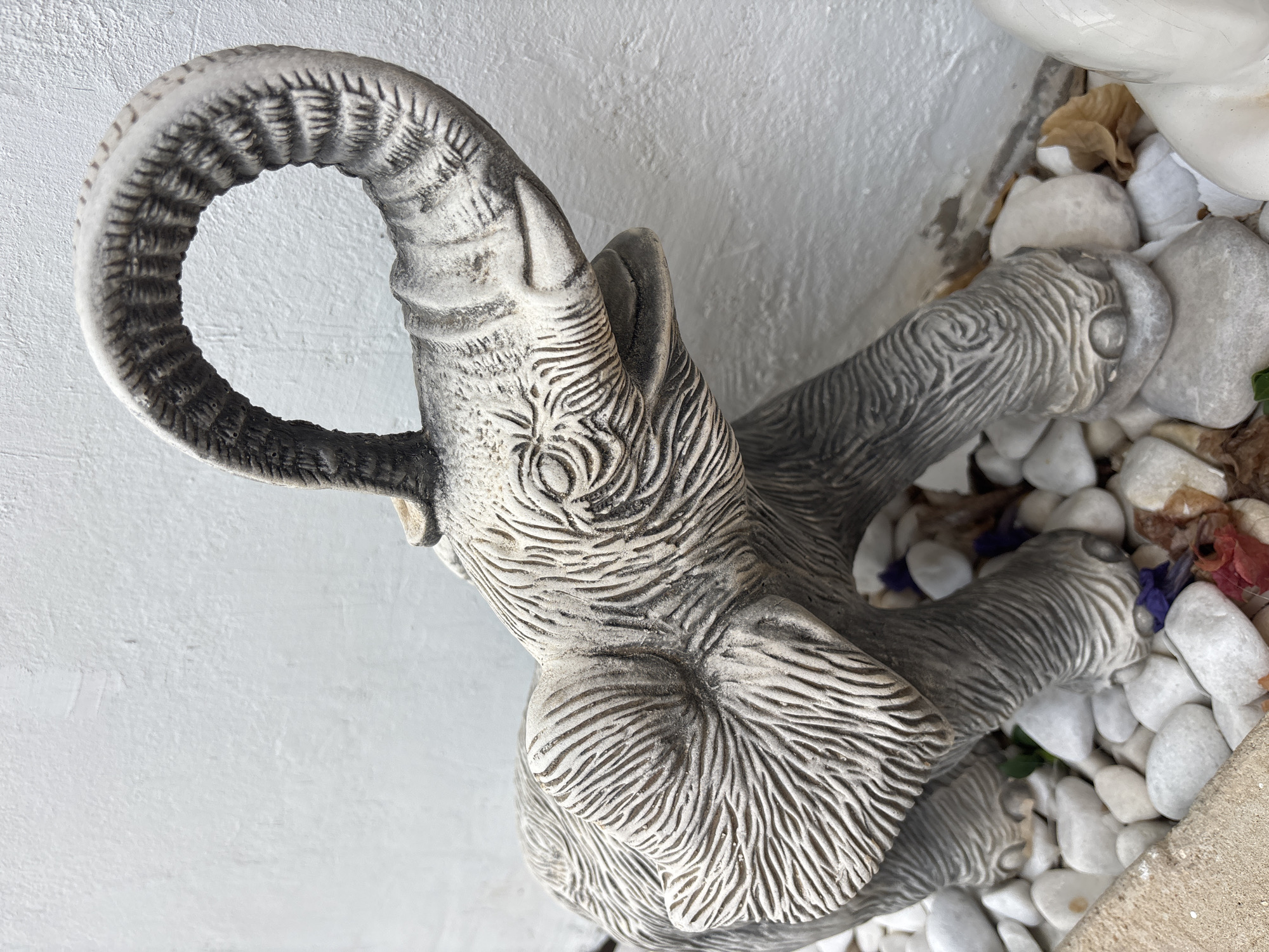 The image shows a close-up, slightly low-angle shot of a stone elephant statue in a garden setting. The statue is light gray with detailed carvings that mimic the texture of an elephant's skin. Its trunk is raised and curved, and its mouth is slightly open. The elephant is standing on a bed of white pebbles, with some dried leaves and a few small purple flowers scattered among them. The background is a textured, off-white wall, likely part of a building. The lighting suggests it is daytime, with a soft, diffused light. There is no indication of the city of Orihuela, Spain, within the image itself.