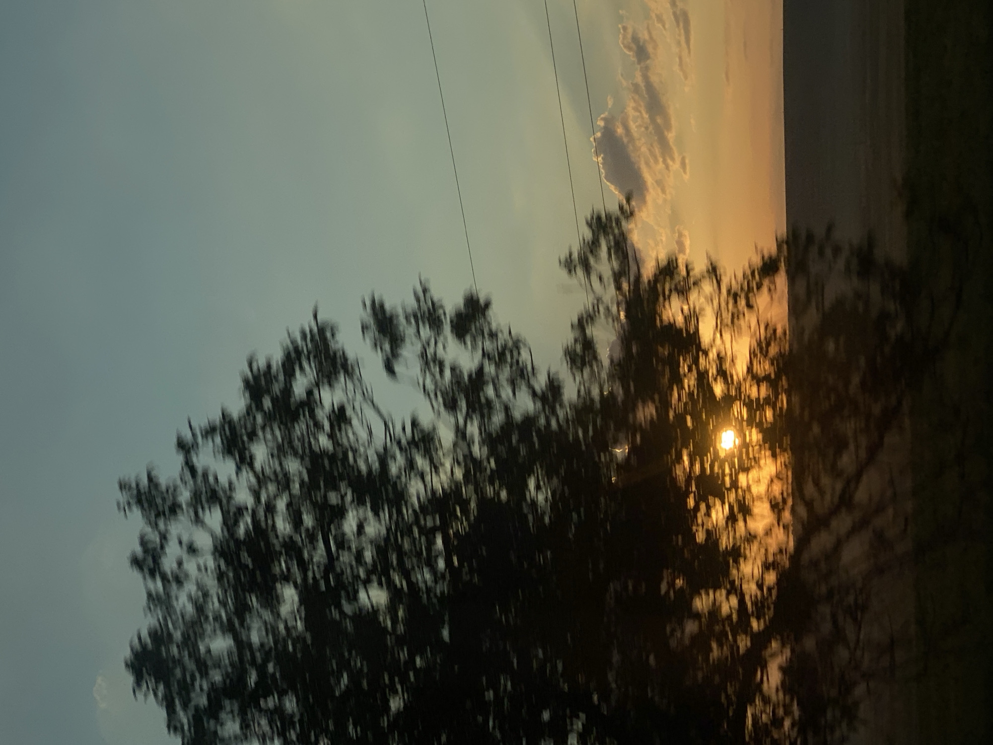 The image depicts a blurry, motion-effected scene of a sunset in Balabanu, Moldova. A silhouetted tree with dense foliage occupies the left side of the frame, partially obscuring the setting sun, which emits a bright, warm orange glow. The sky transitions from a pale blue at the top to hues of orange and yellow near the horizon. A few wispy clouds are visible, tinged with the sunset's colors. Horizontal power lines stretch across the upper right portion of the image. The landscape below the horizon appears as a dark, indistinct mass. No people or specific objects are clearly identifiable due to the blur.