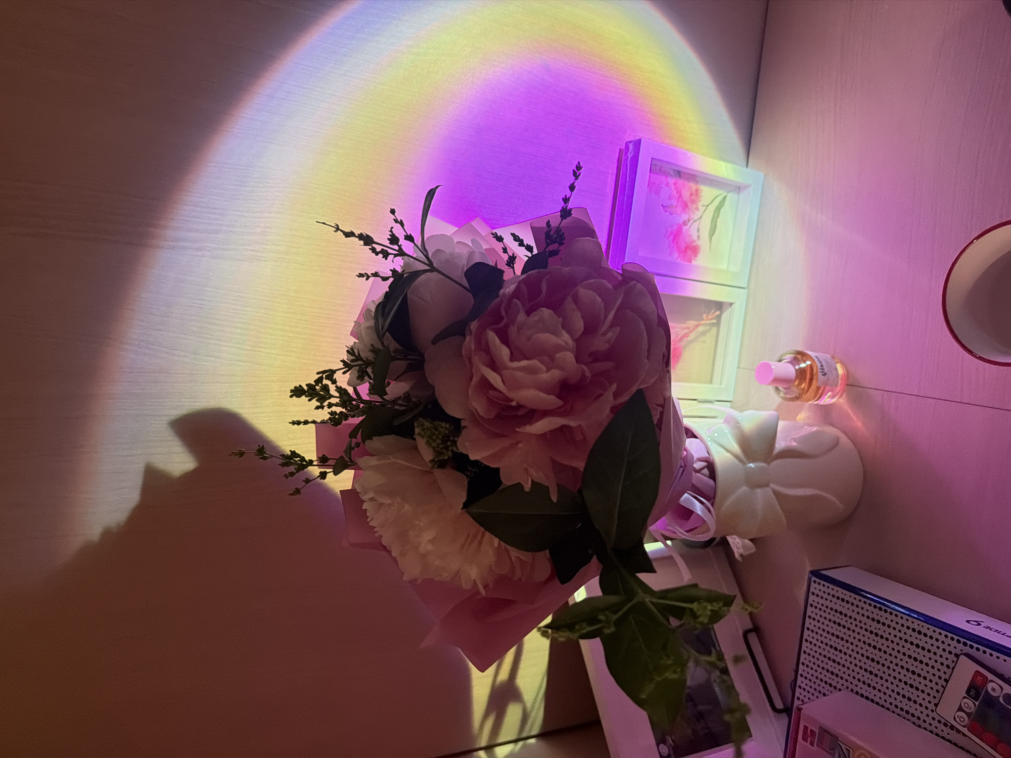 An indoor still life composition is centered around a vibrant bouquet of flowers, prominently featuring pink peonies and white carnations, accented with green foliage and delicate sprigs, all wrapped in soft pink paper.
The scene is dramatically illuminated by an artificial light source projecting a wide, arching rainbow spectrum onto the textured light-colored wall and the surface where the objects are arranged. This projection casts prominent hues of pink and purple across much of the environment.
To the right of the bouquet, several decorative items are visible: a small, light-colored ceramic piece shaped like a bow, a clear perfume bottle with a pink cap (partially legible as "Glade" or "Glace"), and two vertically stacked white-framed pictures, each displaying an illustration of pink flowers. In the upper right corner, a white ceramic mug with a red rim is partially visible. Below these items, a white and blue box, possibly an audio or light device, features a perforated front panel and has a small remote control resting on it, showing "ON," "OFF," and other function symbols. Partial text "SOUND" and "TIDE" can be discerned on the box.
On the lower left wall, a distinct shadow resembling a small creature with pointed ears, possibly a cat, is cast by the unique lighting. The overall setting is a cozy interior space, with no discernible activity taking place. The time of day is not indicated due to the artificial lighting, which creates a serene and aesthetically pleasing atmosphere. No specific location cues within the image identify Sofia, Bulgaria, other than the provided context.