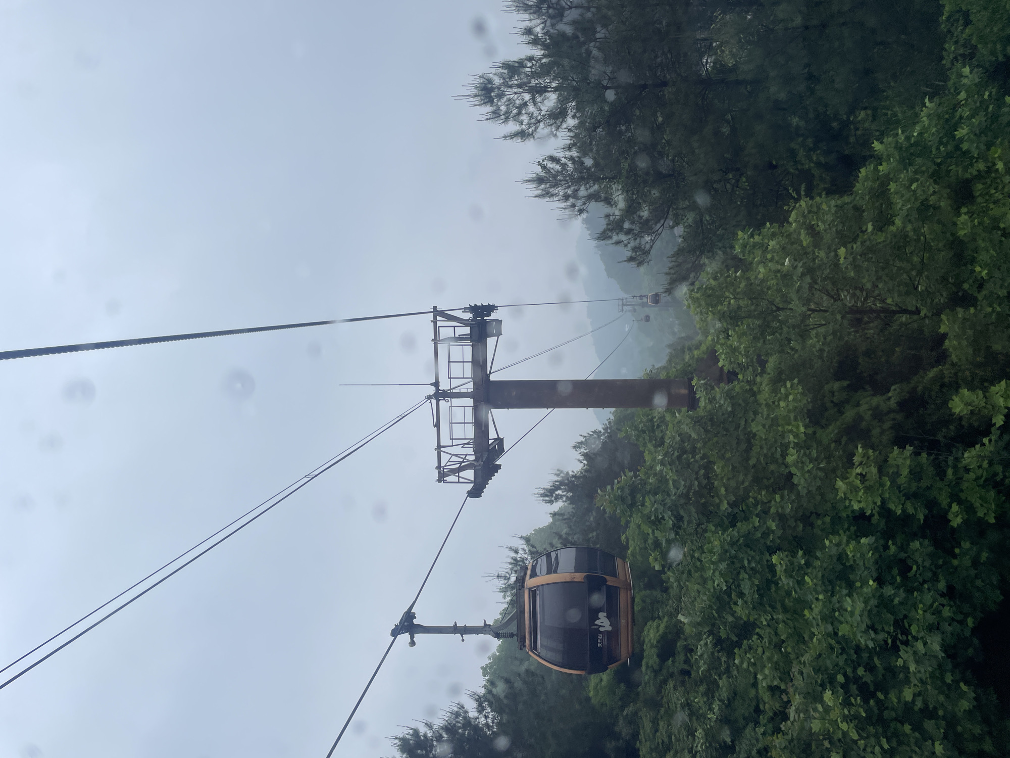 A low-angle view of a cable car and its support structure on a cloudy day. The cable car is suspended from a cable above and features a dark exterior with gold trim. The support structure consists of a central pole with an overhead framework. The scene also includes surrounding greenery, indicating the cable car is situated over a wooded area. Droplets on the camera lens suggest it might be raining. The cable car is located at Tianmen Mountain in Yongding District, Zhangjiajie, China.