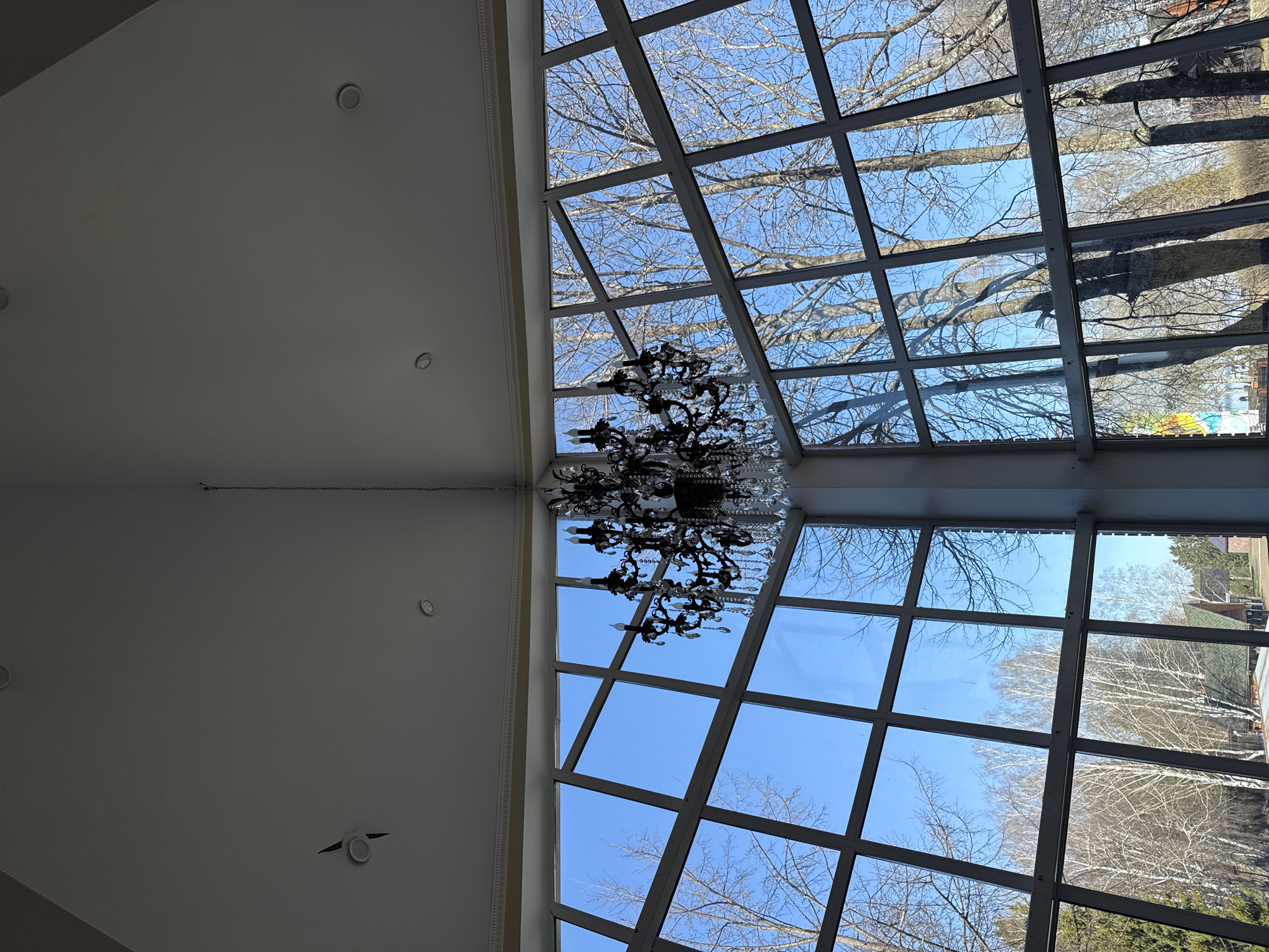 The image shows an interior view with a large chandelier hanging below a grid-patterned glass ceiling. Outside the glass panels, trees are visible against a clear blue sky. The surrounding architecture includes a smooth, white ceiling with recessed lighting. The scene appears to be an atrium or sunroom-like space. There is no evidence to suggest that it is in Galevo, Russia. The image does not include people or specific actions.