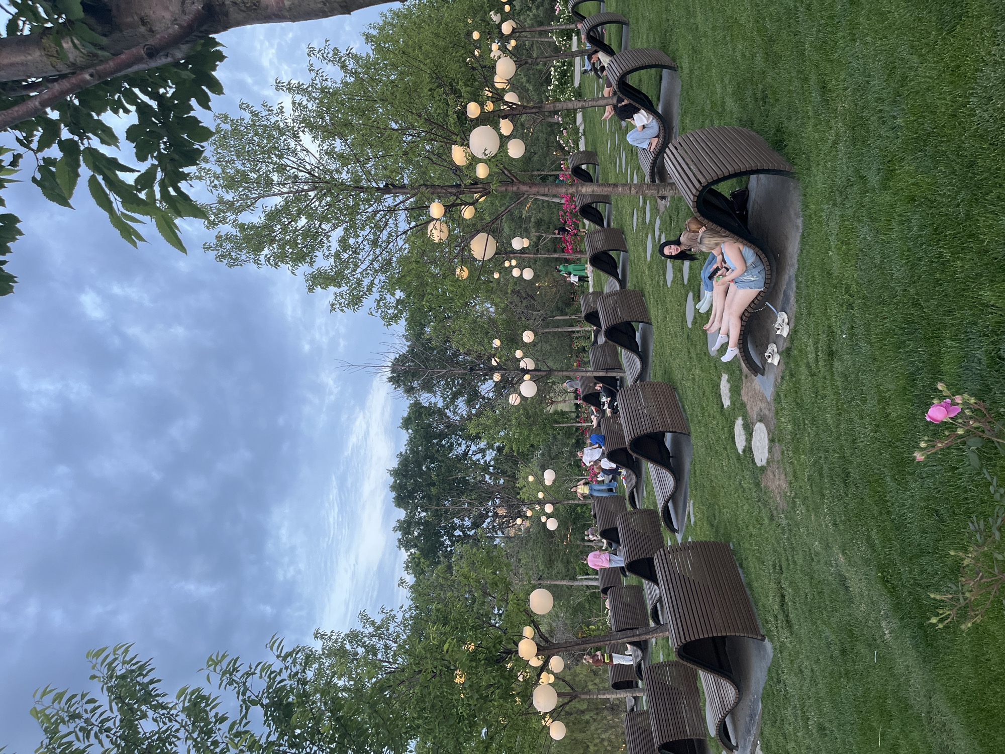 This is a photograph of an outdoor seating area in Krasnodar, Russia, likely in a park or garden. The scene is characterized by rows of curved, wooden lounge chairs arranged on a well-maintained green lawn. Several trees are scattered throughout the area, some adorned with spherical, illuminated lights, suggesting it might be evening or a dimly lit area. In the background, more trees and foliage create a natural backdrop.
There are several people visible in the image, mostly seated on the lounge chairs. In the foreground, two young women are relaxing on one of the chairs, one looking at her phone. Further back, other individuals and small groups are also seated or standing, engaged in casual activities. The overall atmosphere appears relaxed and leisurely. The sky is overcast with some lighter patches, indicating a cloudy day or early evening. A pink rose bush with buds is visible in the lower left corner.