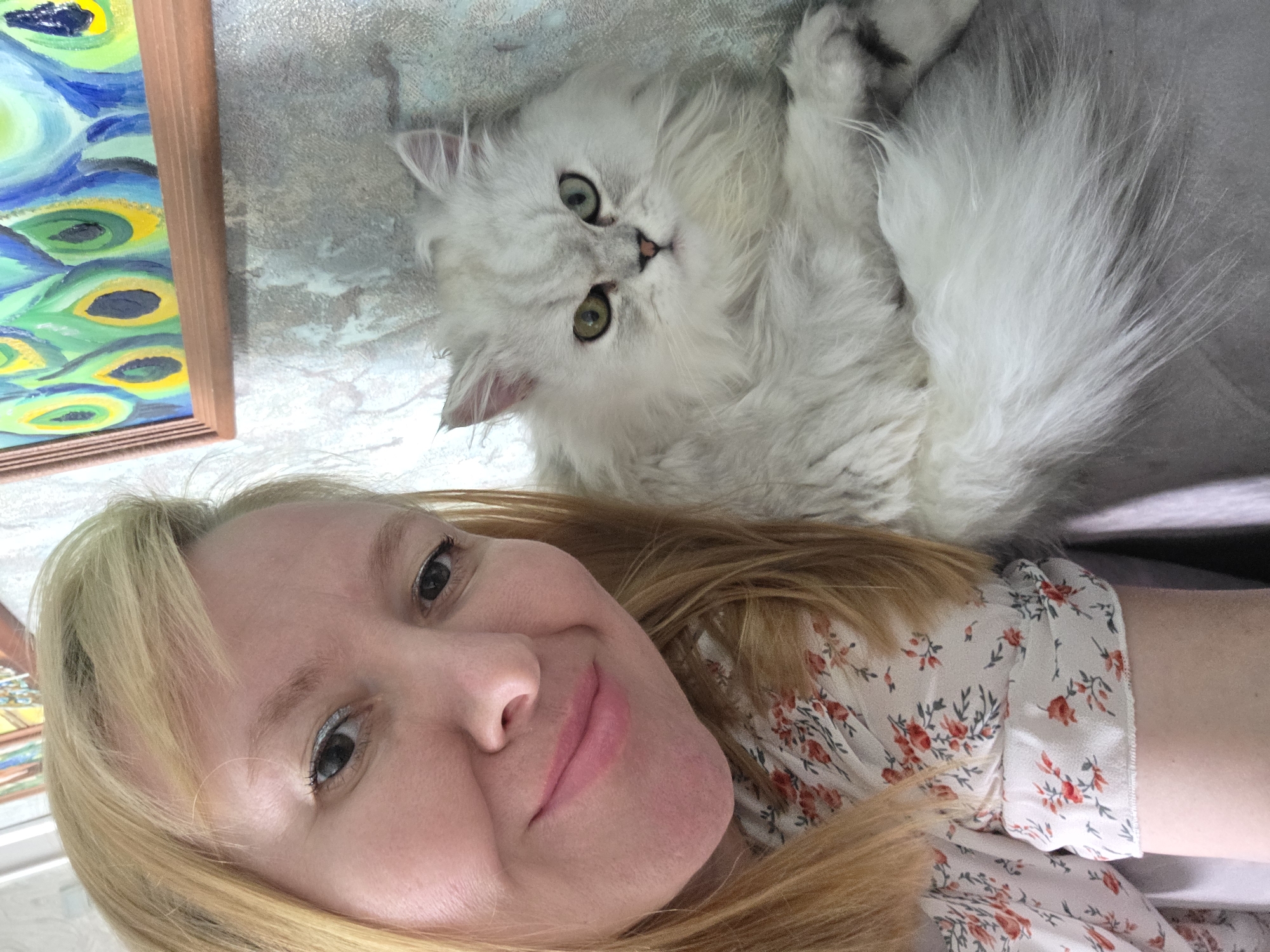 This is a close-up, Dutch-angle selfie featuring a woman and a fluffy white cat. The woman, with blonde hair and fair skin, smiles gently at the camera, wearing a light-colored dress with a floral pattern. She has on light eye makeup. The cat, lying beside and slightly above her, is also white and very fluffy, with green eyes and a pink nose. Its fur is soft and luxurious. In the background, a framed painting with vibrant blues, greens, and yellows, possibly depicting peacock feathers, is partially visible on the left. The overall setting appears to be indoors, with a textured, possibly concrete wall in the background. The lighting suggests it could be daytime. The mood is relaxed and affectionate, with the woman and cat appearing comfortable and close. There is no visible text in the image. The location context is Novocheboksarsk, Russia.