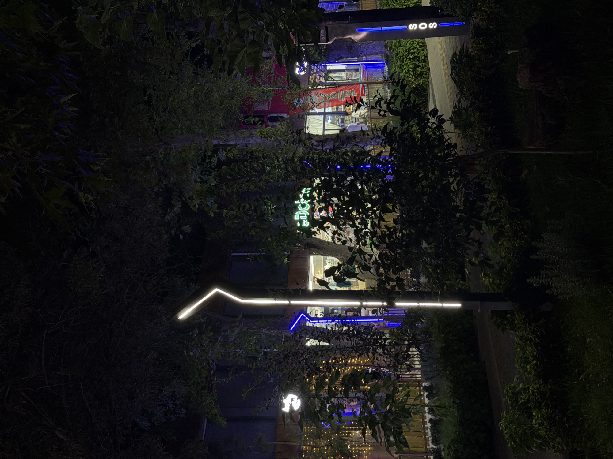 The image depicts a nighttime scene in the city of Chirchik, Uzbekistan, focusing on an outdoor area with various lights and vegetation. In the foreground, there are several bushes and trees, some of which are densely foliated, obscuring parts of the background. A modern, angular light fixture with white illumination is prominent on the right side of the image, with a vertical sign displaying the letters "SOS" in blue light below it.
Further into the scene, a building with large windows is visible. This building is decorated with strings of yellow lights along a fence or railing. Inside the building, through the windows, several individuals can be seen, some appearing to be patrons and others staff. Signs with lettering are present, including one that appears to read "LUCK" in green neon. The building's facade also features red and blue accents from neon lighting. A red banner with white text is hanging vertically on the building. The ground appears to be paved, suggesting a walkway or plaza area. Trees are interspersed throughout the scene, contributing to the overall ambiance of an illuminated evening gathering space within the city.