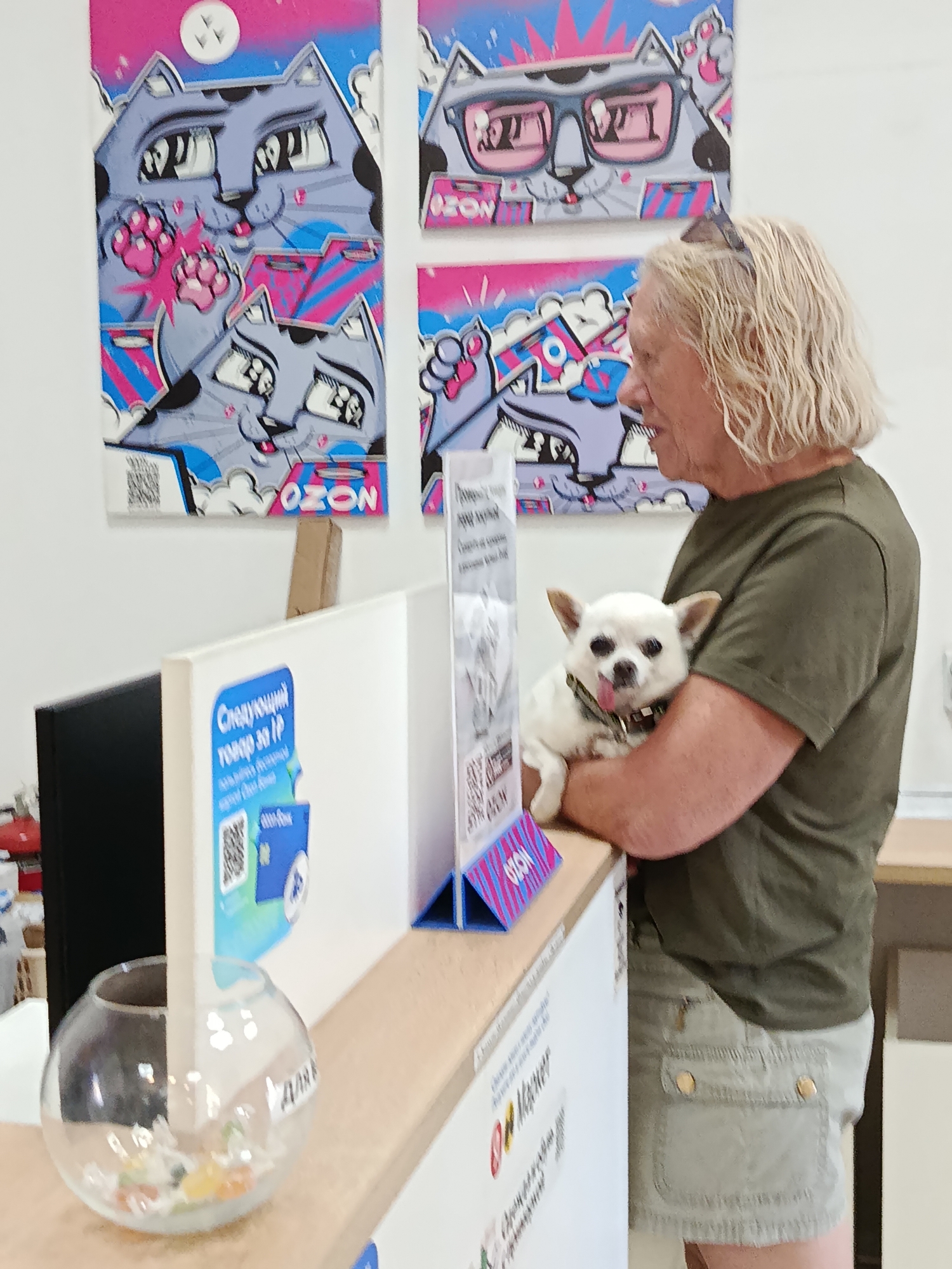 A woman with blonde, wavy hair tied back with a dark clip is standing at a counter, holding a small, white chihuahua dog. The dog is facing forward, with its tongue sticking out. The woman is wearing a dark olive green t-shirt and light beige cargo shorts. Behind her, on the wall, are three colorful graphic art pieces featuring stylized cats. In front of her, on the counter, is a clear glass bowl containing colorful candies and some sort of white material. To her right, a clear plastic stand displays information with QR codes. A black computer monitor is visible to the left of the counter. The environment appears to be an indoor retail space. The overall scene is well-lit, suggesting it is daytime. The style of the art and the presence of OZON branding on display suggest this might be a pick-up point or retail store associated with the online marketplace.