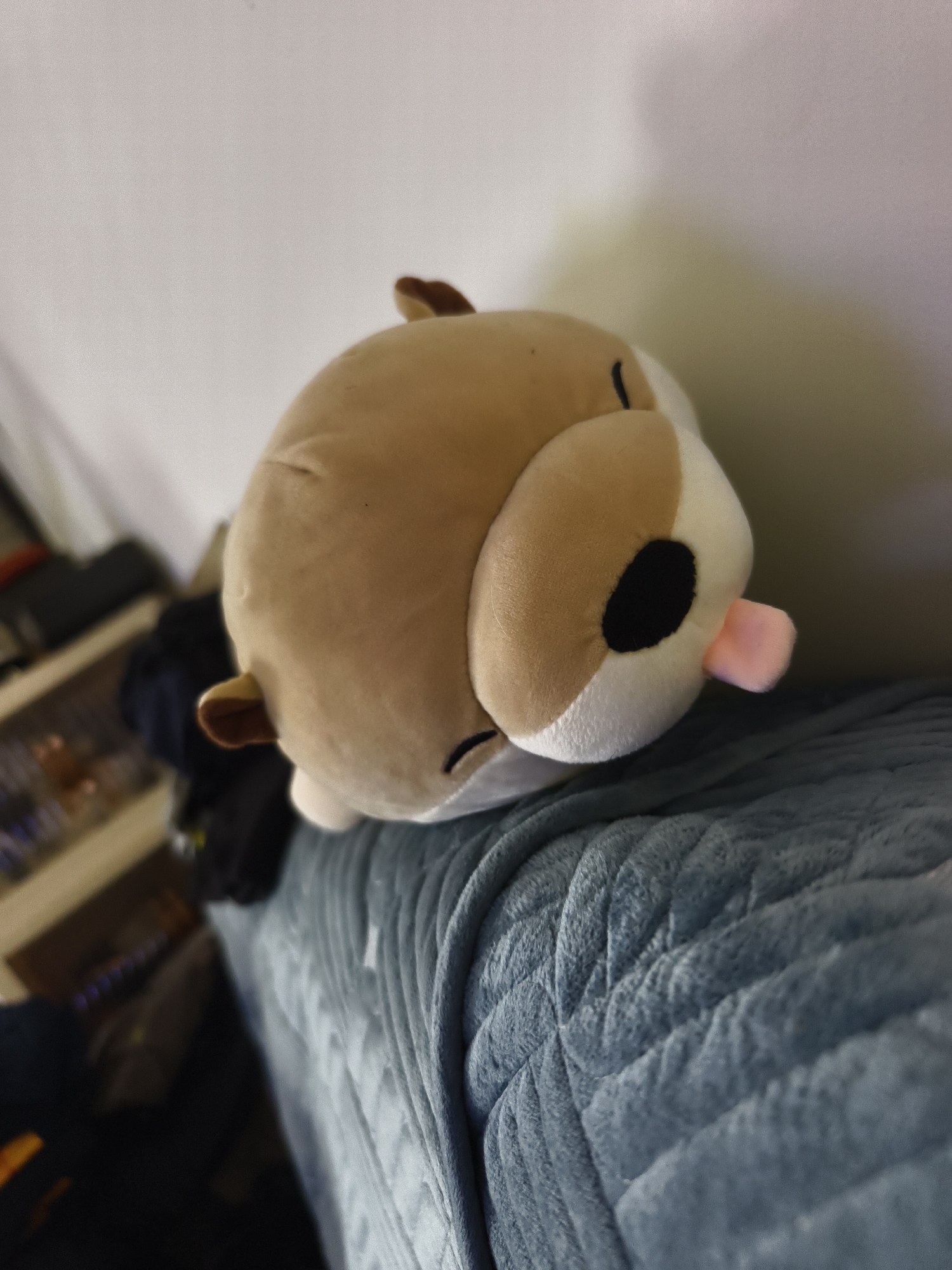 A plush, stuffed animal resembling a deer rests on a blue, quilted blanket. The deer is mostly brown with a white underbelly and a small pink tongue protruding from its mouth. The setting appears to be indoors, with a white wall in the background. A partially visible shelf unit containing various items is to the left of the plush animal. The location is not evident in the image, and there is no way to confirm that the picture was taken in Petah Tikva, Israel.