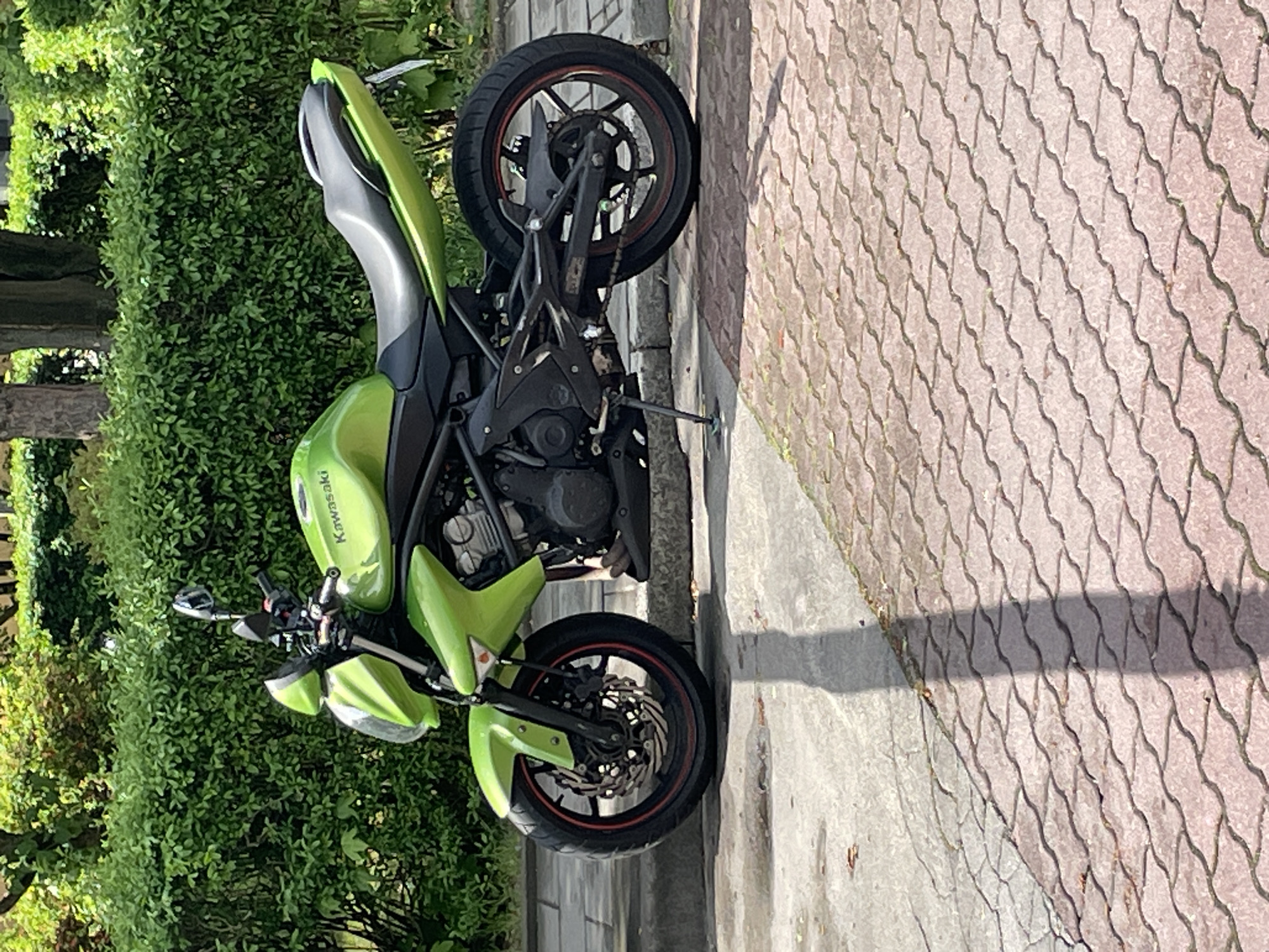 A Kawasaki motorcycle, predominantly green with some silver and black accents, is parked on a concrete sidewalk. The motorcycle is positioned next to a dense green hedge. Part of a patterned brick walkway is visible on the right side of the frame. The location appears to be outdoors, potentially a residential area or park in the city of Unknown, Unknown.