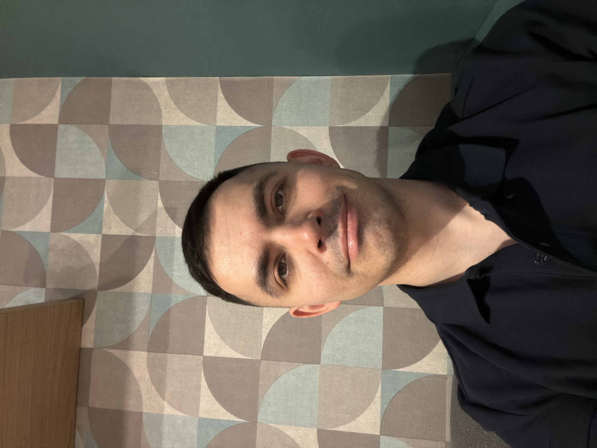 A man is featured in a selfie taken indoors in Izhevsk, Russia. He has short dark hair, dark eyes, and light stubble, and is looking directly at the camera with a subtle, slight smile. He is wearing a dark blue polo shirt. The background consists of a patterned wall featuring a geometric design of squares and quarter circles in shades of brown, beige, and light blue-green. Above this, a solid dark teal-green wall is visible. A corner of a light wooden surface is partially seen on the left side of the frame, adjacent to the patterned wall. The lighting suggests an indoor setting, with some shadows visible on the man's face. No text is visible in the image.