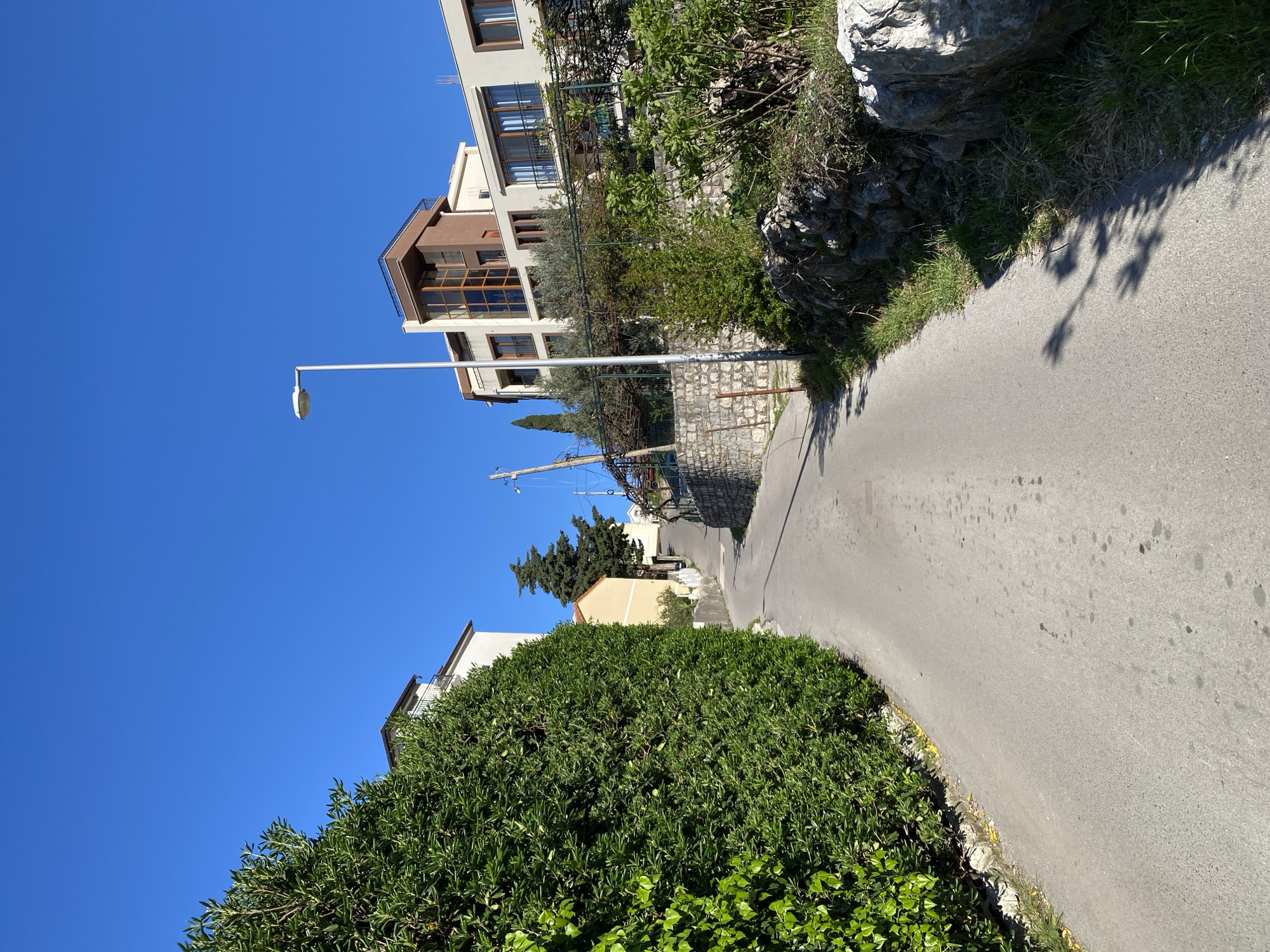 The image depicts a narrow road in Budva, Montenegro, flanked by vegetation and buildings under a clear blue sky. The road surface is gray, with some visible patches. A large, dense green bush occupies the lower-left foreground, partially obscuring the view.
On the right side of the road, a stone wall and rocky terrain can be seen, along with some grass and weeds. A multi-story building with balconies and brown accents is visible in the background, set back from the road. A streetlight extends over the road from the left side.
Further down the road, a smaller, light-colored building and some trees are visible. Power lines and poles can be seen in the distance, suggesting an urban or suburban setting. There are no people visible in the image.
