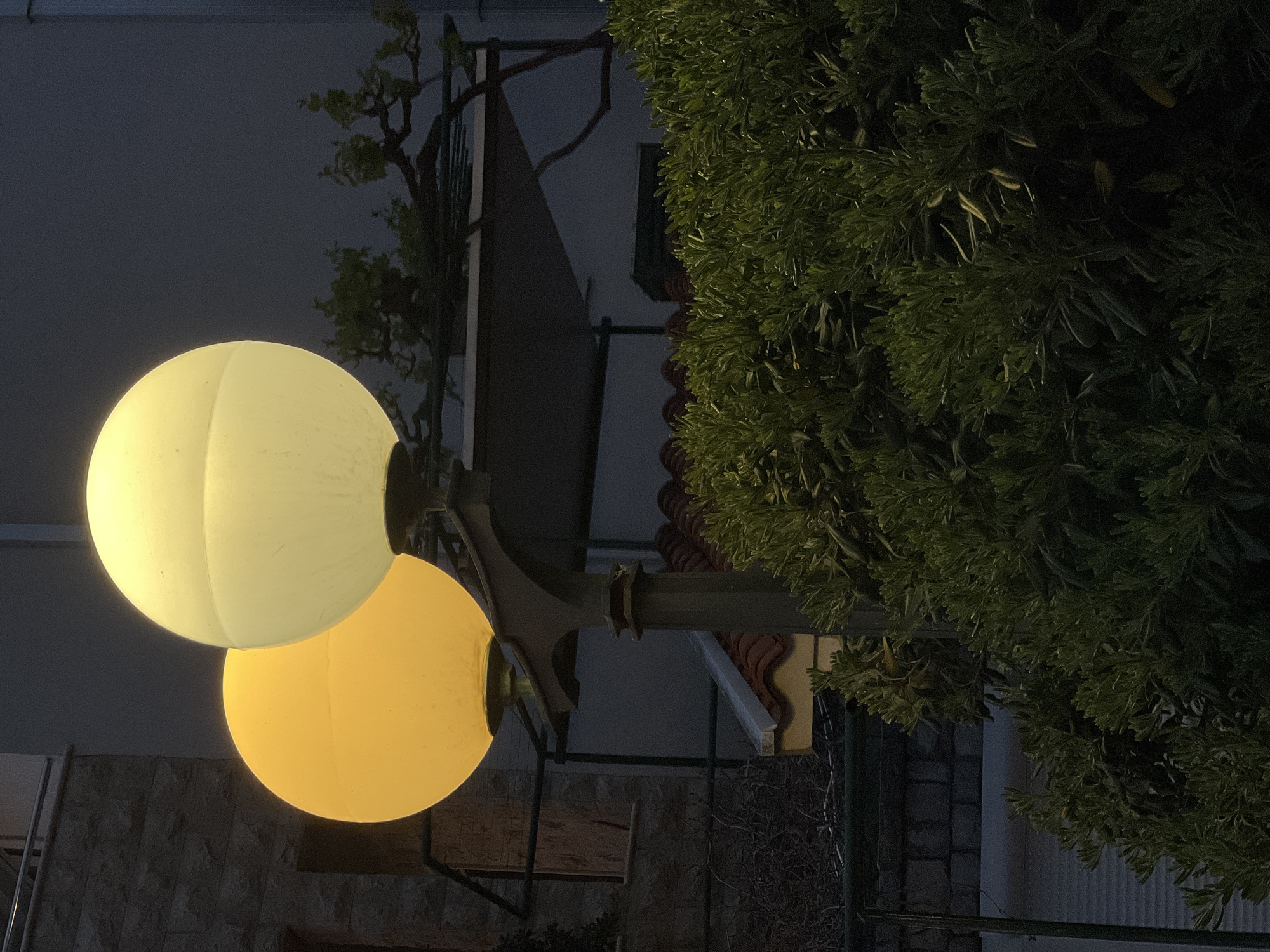 A night scene showing a double-globe streetlight, typical of Budva, Montenegro. The upper globe emits a cooler, almost white light, while the lower globe glows with a warmer, yellow hue. The streetlight's pole and bracket are visible, exhibiting a dark, possibly metallic finish. Dense foliage of a dark green, coniferous tree or bush partially obscures the light and the background. Parts of a building with a tiled roof are visible behind the tree, suggesting the lamp's location might be near residential structures. Some building stone elements are visible on the left. The overall ambiance is dimly lit, with the streetlight being the primary source of illumination.