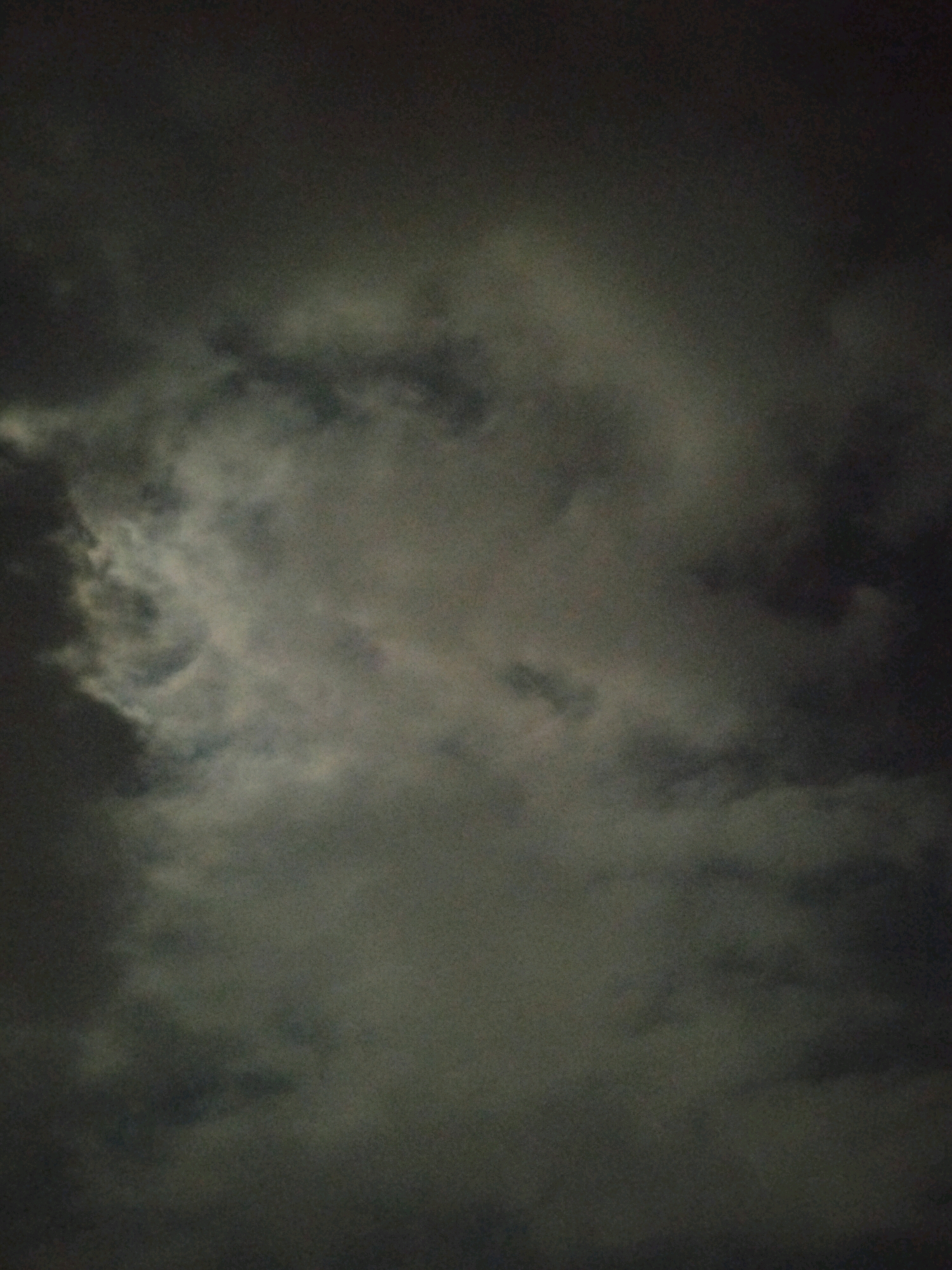 The image is a close-up shot of dark, cloudy skies, possibly taken at night or during a storm. There are no people, subjects, or objects clearly visible. The environment appears to be outdoors with a focus on atmospheric conditions. There is no indication of the location being the city of Slawu, Indonesia, as there are no identifiable landmarks or contextual clues to suggest this. The image is primarily composed of shades of grey and black, with some lighter areas suggesting obscured light sources, potentially the moon or distant city lights.