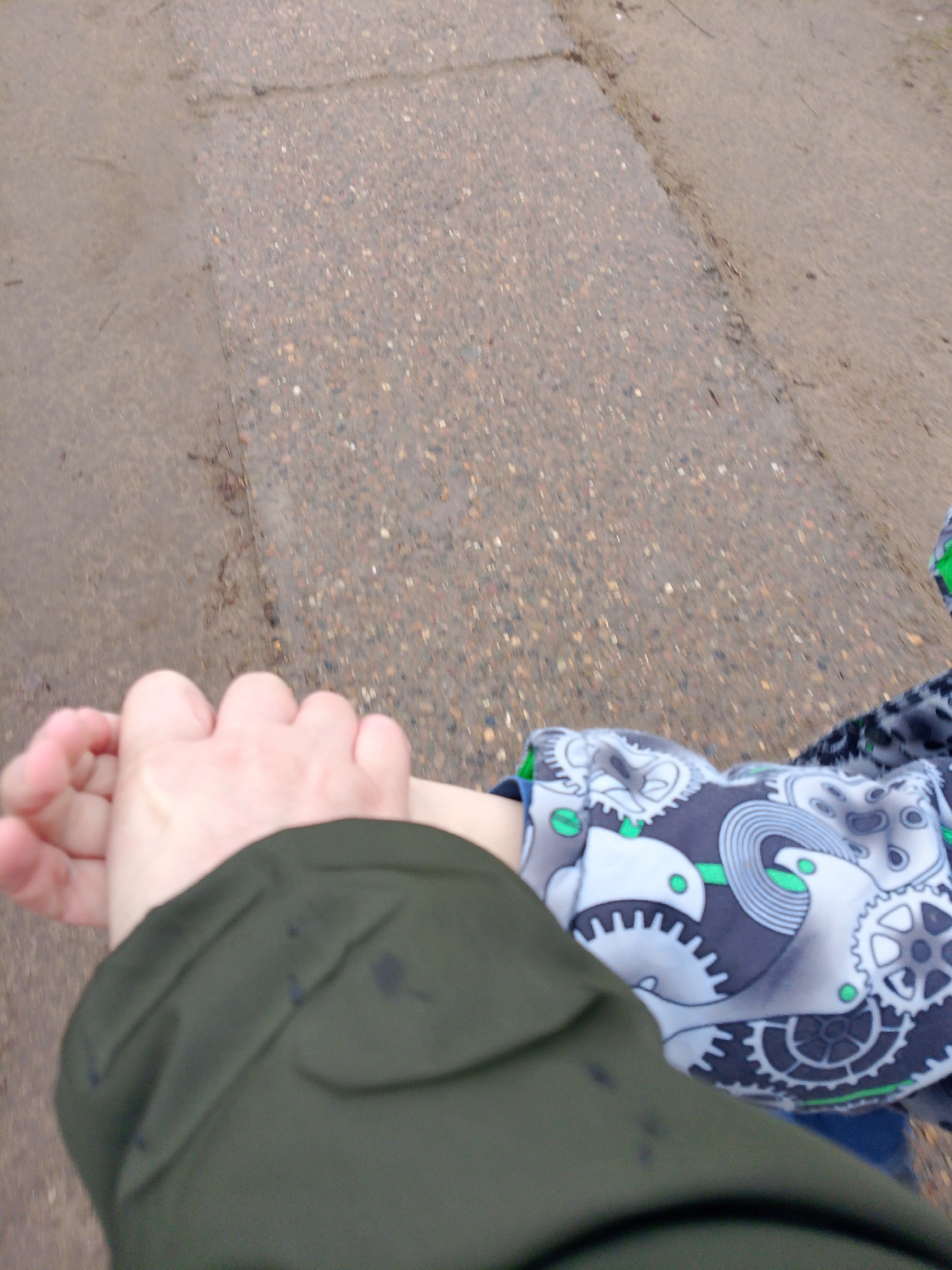 The image shows a close-up, first-person perspective of an adult holding a child's hand while walking outdoors in Noviy, Russia. The adult's arm, visible on the left, is covered by a dark olive-green sleeve with some dark smudges. Their hand is clasped with a smaller, child's hand. The child is wearing a grey and black patterned shirt or jacket sleeve featuring various mechanical gears and cogs, with distinct bright green accents.
The scene depicts the two individuals in motion, suggested by the slight blur of the ground. They are walking on a path, which appears to be a mix of paved and unpaved surfaces. The right side of the path is a granular, possibly asphalt or gravel, surface. The left side is noticeably wetter, muddier, and darker, indicating the presence of puddles or recent rain. Small bits of debris, such as dirt and twigs, are scattered on the ground. The lighting appears soft and diffused, characteristic of an overcast day. No visible text is present in the image.