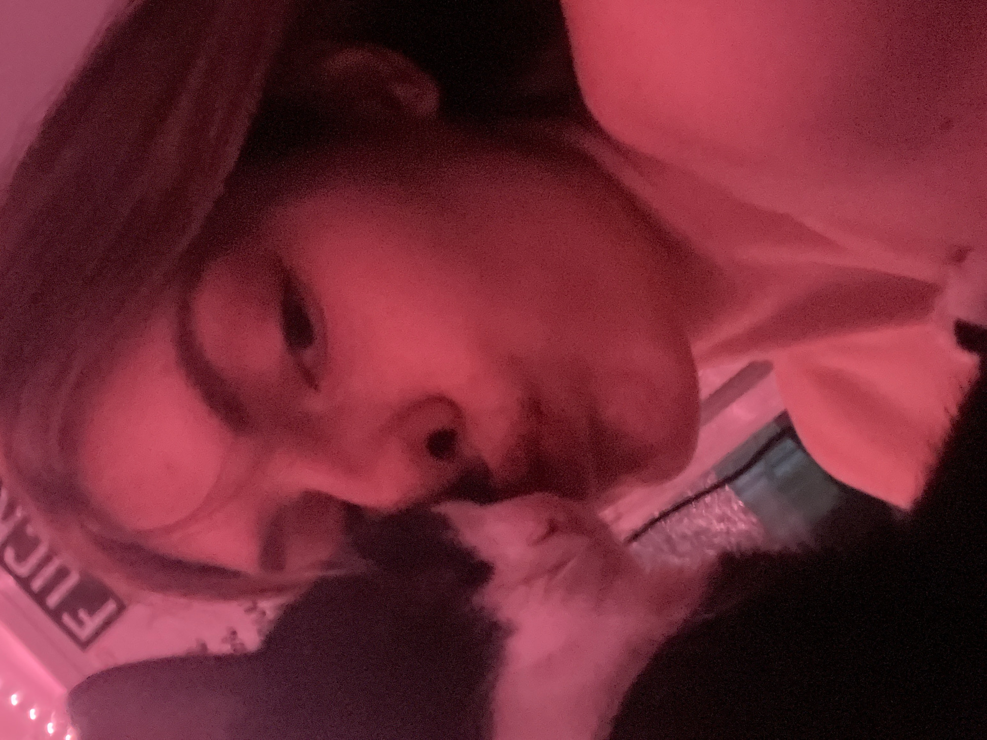The image depicts a person holding a black and white cat. The person is looking down towards the cat. The image is lit with a red hue, obscuring details. A sign with the word "FUCK" is partially visible. No information suggests the location is in Saint Petersburg, Russia.