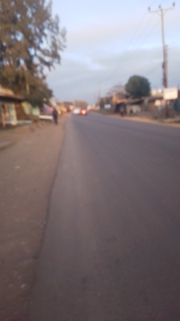 A blurred image shows a street scene, likely at dawn or dusk. A wide road dominates the view, with a sidewalk on the left and buildings partially visible on either side. Trees line the left side of the road, adding a touch of greenery. Power lines stretch across the sky on the right. A few vehicles with illuminated tail lights are visible in the distance on the road. A figure is walking on the sidewalk on the left.