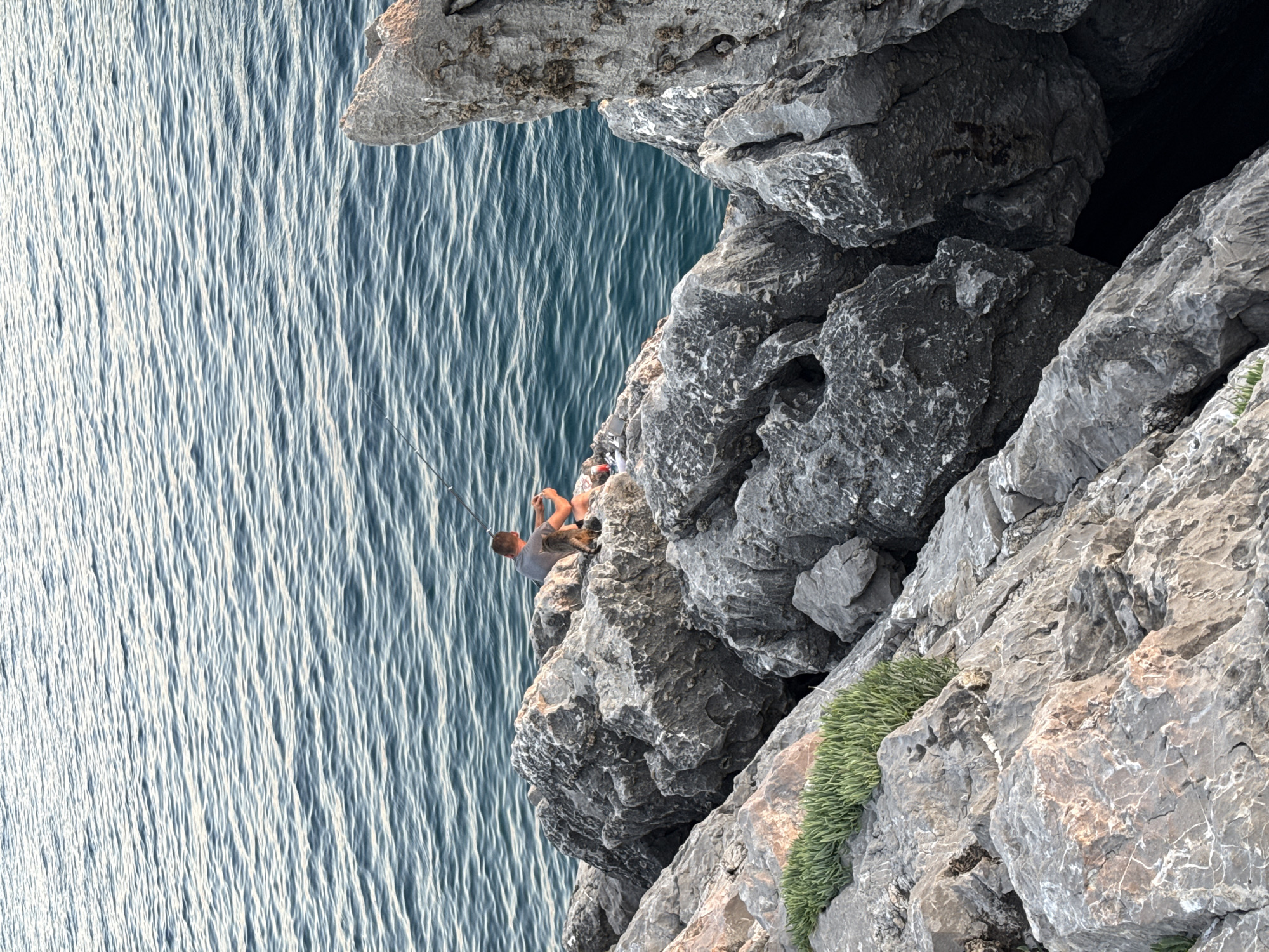 A lone fisherman, a male, is casting a fishing line from a cluster of large, grey rocks at the edge of the sea. He is wearing a grey t-shirt and shorts. A small, brown and black cat is sitting next to him on the rocks. The sea is a deep blue with small ripples. The rocky coastline is rugged and uneven, with patches of green vegetation growing in some crevices. The image appears to be taken from a slightly elevated perspective, looking down on the scene. This location is likely the rocky shore near the old town of Budva, Montenegro, given the characteristic landscape.