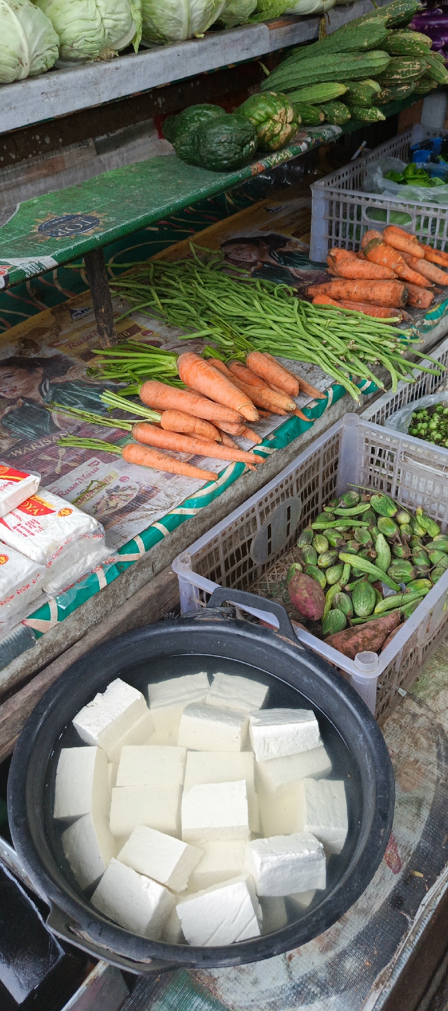 The image shows a close-up view of a market stall in Garot, Indonesia, displaying a variety of fresh vegetables and tofu. In the foreground, a large black basin is filled with cubed white tofu submerged in water. Behind the basin, a plastic crate is brimming with green vegetables, including what appear to be small eggplants and gourds, as well as a few sweet potatoes. To the left of the crate, several bunches of long green beans are neatly arranged on a surface covered with a patterned cloth. Further back, a pile of bright orange carrots is visible. At the top of the image, heads of pale green cabbage are stacked. The stall appears to be outdoors, with a rustic wooden support structure visible. The overall scene depicts a typical offering at a local Indonesian market.