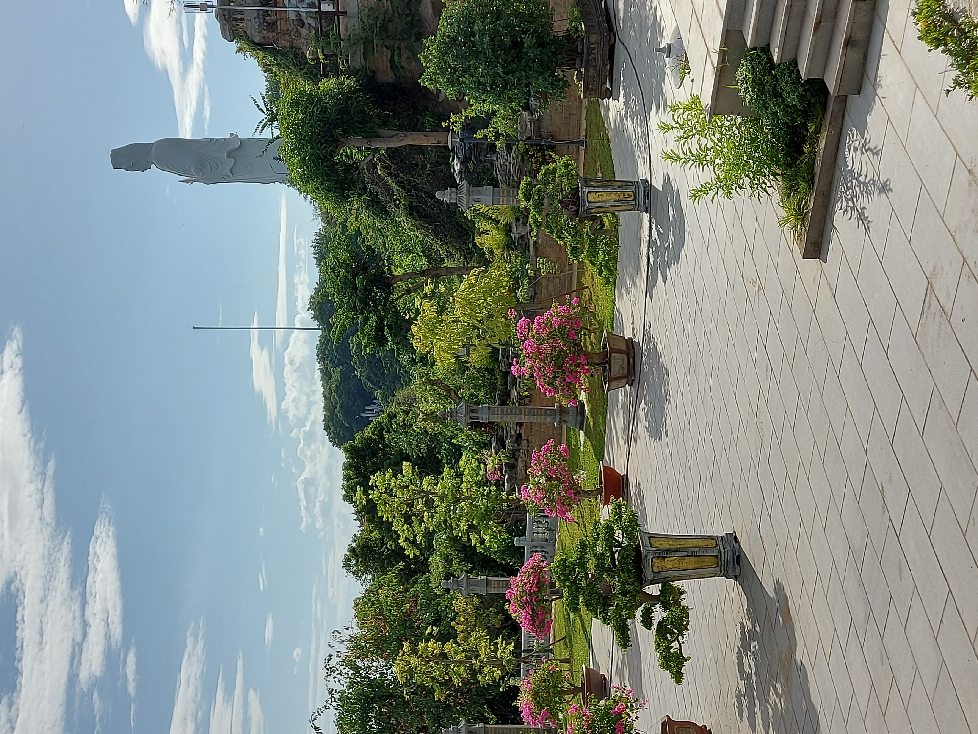 The image captures a serene temple complex in Đà Nẵng, Vietnam, featuring a towering white statue of Guanyin, the goddess of mercy, standing tall against a bright blue sky with scattered white clouds. The statue is positioned on a rocky hill, overlooking a meticulously landscaped garden.
The foreground is dominated by a paved courtyard with light grey rectangular tiles, casting distinct shadows from the surrounding elements. Several potted plants, including intricately pruned bonsai trees and vibrant pink bougainvillea, are strategically placed throughout the courtyard. Decorative stone lanterns and ornate urns add to the temple's aesthetic.
In the midground, the garden unfolds with lush greenery, varied trees, and flowering shrubs. A low stone wall encloses parts of the garden, with more stone lanterns adorning its path. The background reveals a dense, green hillside covered in trees, suggesting the temple's location amidst natural beauty. The overall atmosphere is one of tranquility and spiritual devotion, with the bright sunlight illuminating the scene.