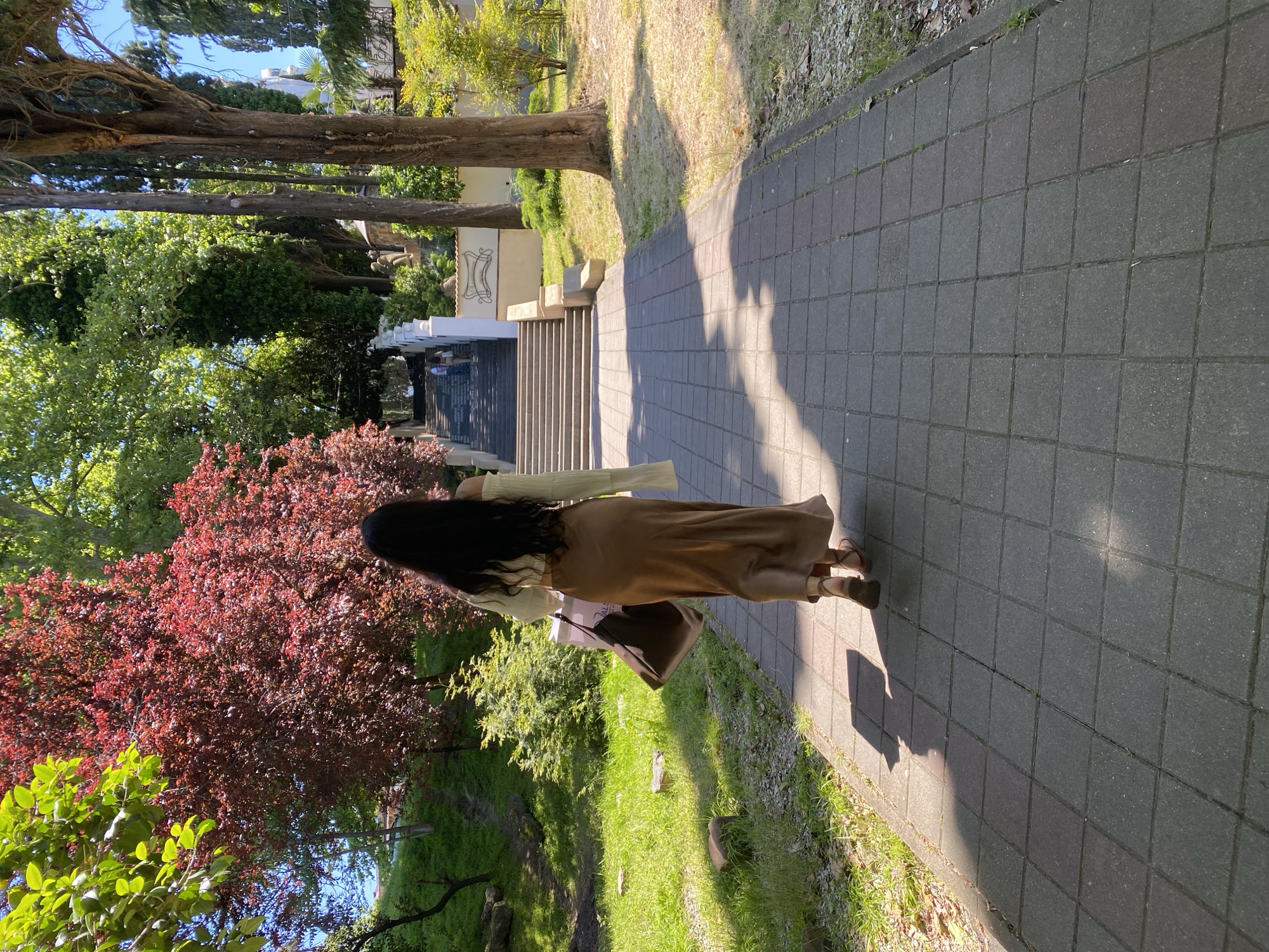 An outdoor scene in Sochi, Russia, depicts a person walking along a paved pathway on a sunny day. The individual, viewed from behind, has long, dark hair and is wearing a light-colored top (possibly light green or cream) and a long, flowing brown or bronze-colored skirt or dress. They carry a dark shoulder bag and a white shopping bag, and are wearing sandals.
The pathway is constructed from square, dark grey and reddish-brown tiles. Long shadows are cast across the path, indicating either early morning or late afternoon sunlight. Lush green grass and various types of foliage, including bushes and tall trees with thick trunks, line both sides of the pathway. A prominent bush with vibrant red-burgundy leaves is visible on the left side of the path.
In the distance, an architectural structure featuring white balustrades and a set of stairs can be seen leading upwards. A white building with a decorative element on its facade is situated near the top of these stairs. The overall setting is a well-maintained park or garden. There is no clearly legible text visible on any signs or objects, though a faint, unreadable logo is present on the white shopping bag.