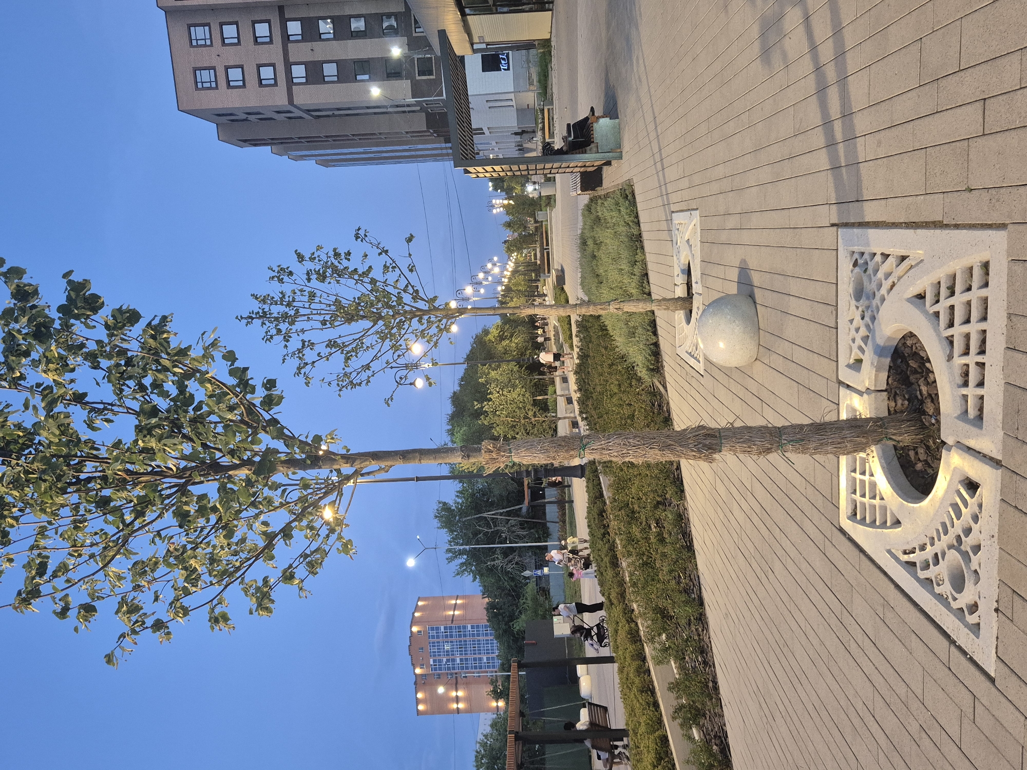 The image shows a pedestrian walkway in a city park in Kokshetau, Kazakhstan, during the early evening. The sky is a deep blue, indicating dusk. The walkway is paved with light-colored rectangular bricks laid in a diagonal pattern. Several young trees are planted along the walkway, with their trunks wrapped in straw for protection. Some of the trees are near decorative concrete tree surrounds, some of which contain spherical stone planters.
In the background, modern, multi-story apartment buildings are visible, constructed with light-colored brick. One building on the left is taller and features illuminated windows and external lights. Streetlights are also present along the walkway, casting a warm glow.
Several people are present in the scene. On the left, a few individuals are sitting on a park bench under a canopy structure. Further along the walkway, a woman is pushing a stroller, accompanied by a child. Another woman and child are also walking nearby. In the distance, more people are seen walking along the path.
The park area features manicured green shrubs and landscaping, contributing to a modern urban environment. The overall impression is one of a well-maintained public space designed for recreation and community gathering.