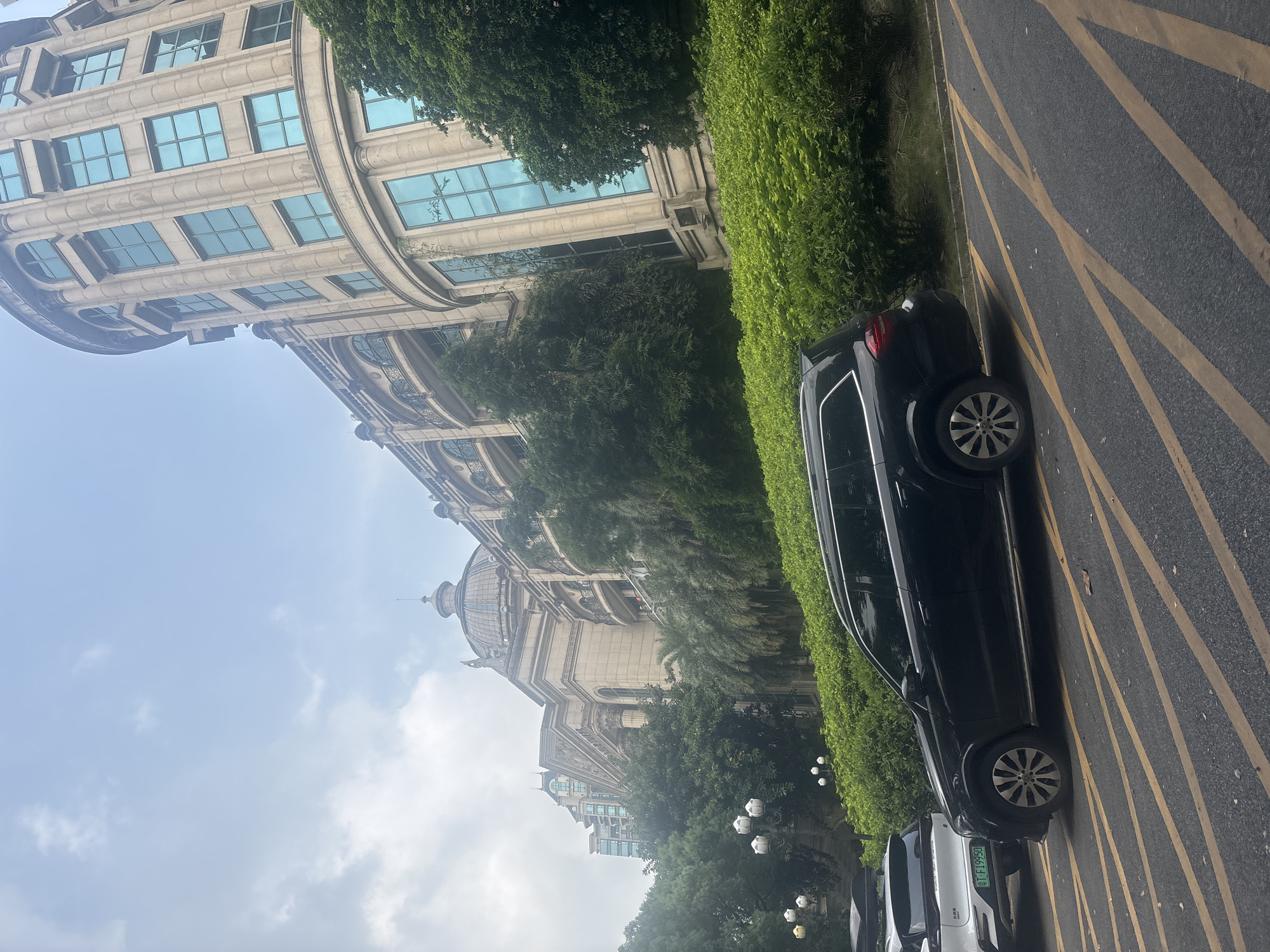In Nanhai District, China, a black SUV is parked on an asphalt road marked with diagonal yellow lines, indicating a no-parking zone. To the left of the SUV, a white vehicle is also parked, displaying a license plate with the characters "粤F19950". Behind the vehicles, a lush green hedge forms a dense border along a sloped grassy area. Further back, ornate streetlights with multiple bulbs stand among trees. Dominating the background is a grand building with classical architectural elements, including columns, arches, and a prominent dome. The building features a facade of light-colored stone and large windows with blue-tinted glass. To the right, more mature trees are visible, suggesting a park-like or landscaped setting. The sky above is overcast with a soft, diffused light.