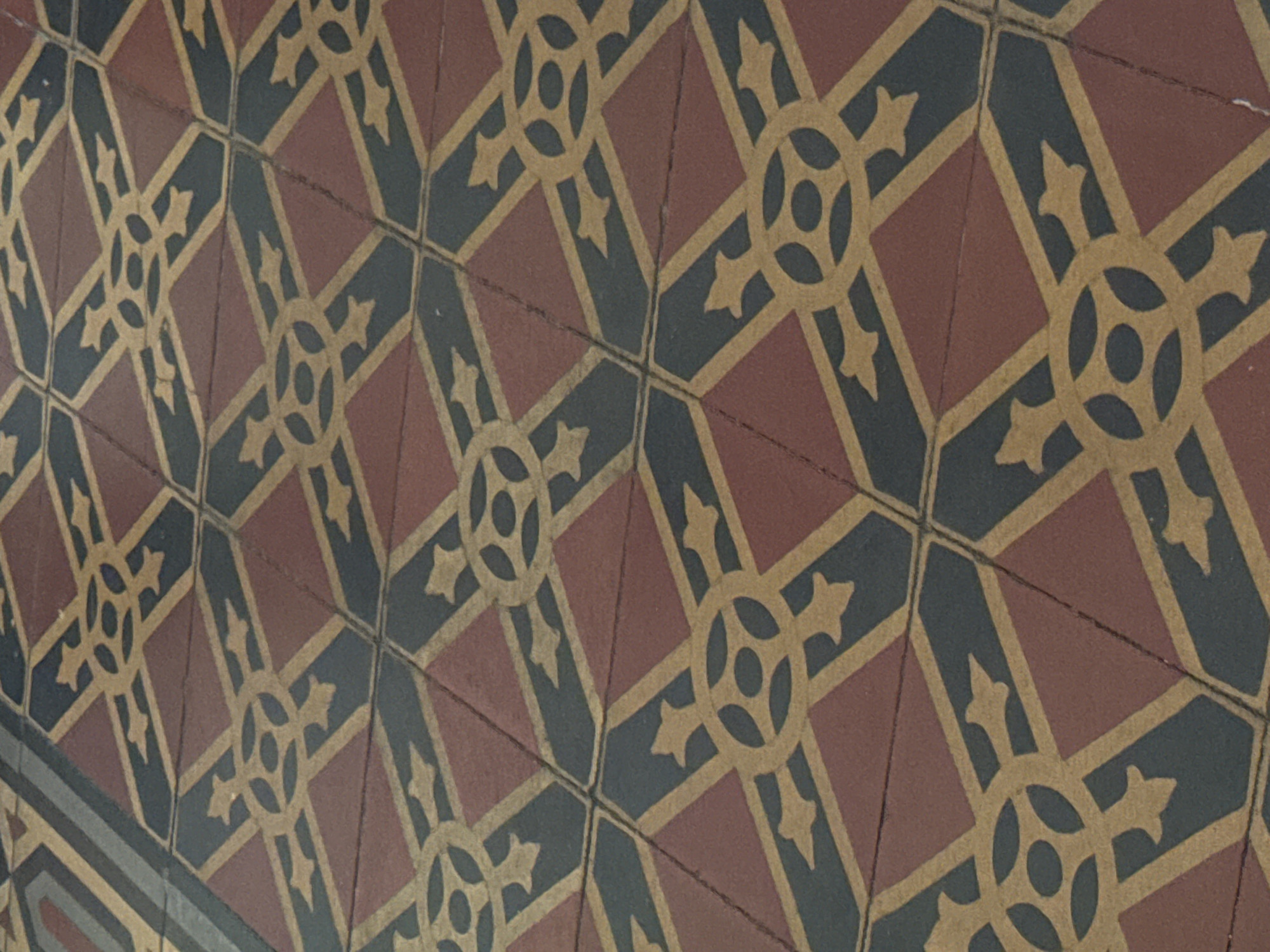 This image captures a close-up, oblique view of an intricate geometric tiled floor, likely located within a building in Catania, Italy. The floor features a repeating pattern composed of alternating reddish-brown and dark gray-blue (almost black) square tiles, laid in a diagonal grid.
Superimposed on these tiles is a detailed yellowish-gold pattern. This pattern consists of interconnected X-shapes, each centered around a circular motif that contains four smaller, symmetrically arranged circles or holes. Extending outwards from each central circle are four stylized, arrow-like or fleur-de-lis-like elements that form the arms of the 'X'. These X-shapes are linked by straight, diagonal lines of the same yellowish-gold, which also define the borders of the dark gray-blue tiles and traverse the reddish-brown ones.
The tiles show signs of age and wear, with visible grout lines and slight imperfections, suggesting the floor's historical nature. The lighting is even and diffused, not indicating a specific time of day. No people, objects, or activities are depicted, and there is no visible text. The overall design suggests a traditional or classical architectural aesthetic.