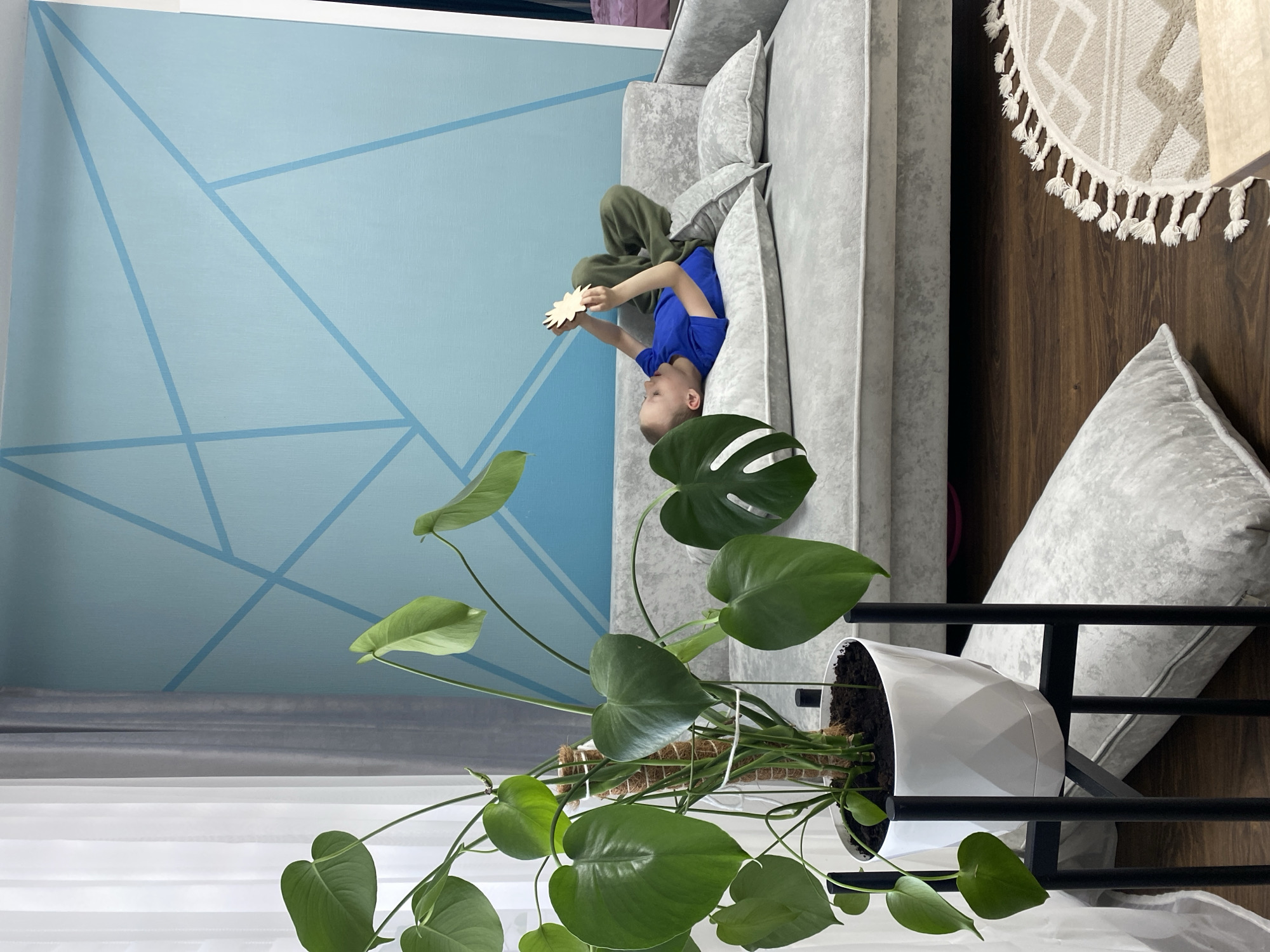 A young boy lies on a gray couch, holding a wooden object above him. He wears a blue shirt and green pants. The couch is positioned against a blue wall with geometric patterns. To the left, a large monstera plant sits in a white pot on a black stand. Behind the plant, a white curtain is visible. The floor is dark wood. A rug with tassels and a gray pillow are also present. The location is likely an indoor residential space in Saint Petersburg, Russia.