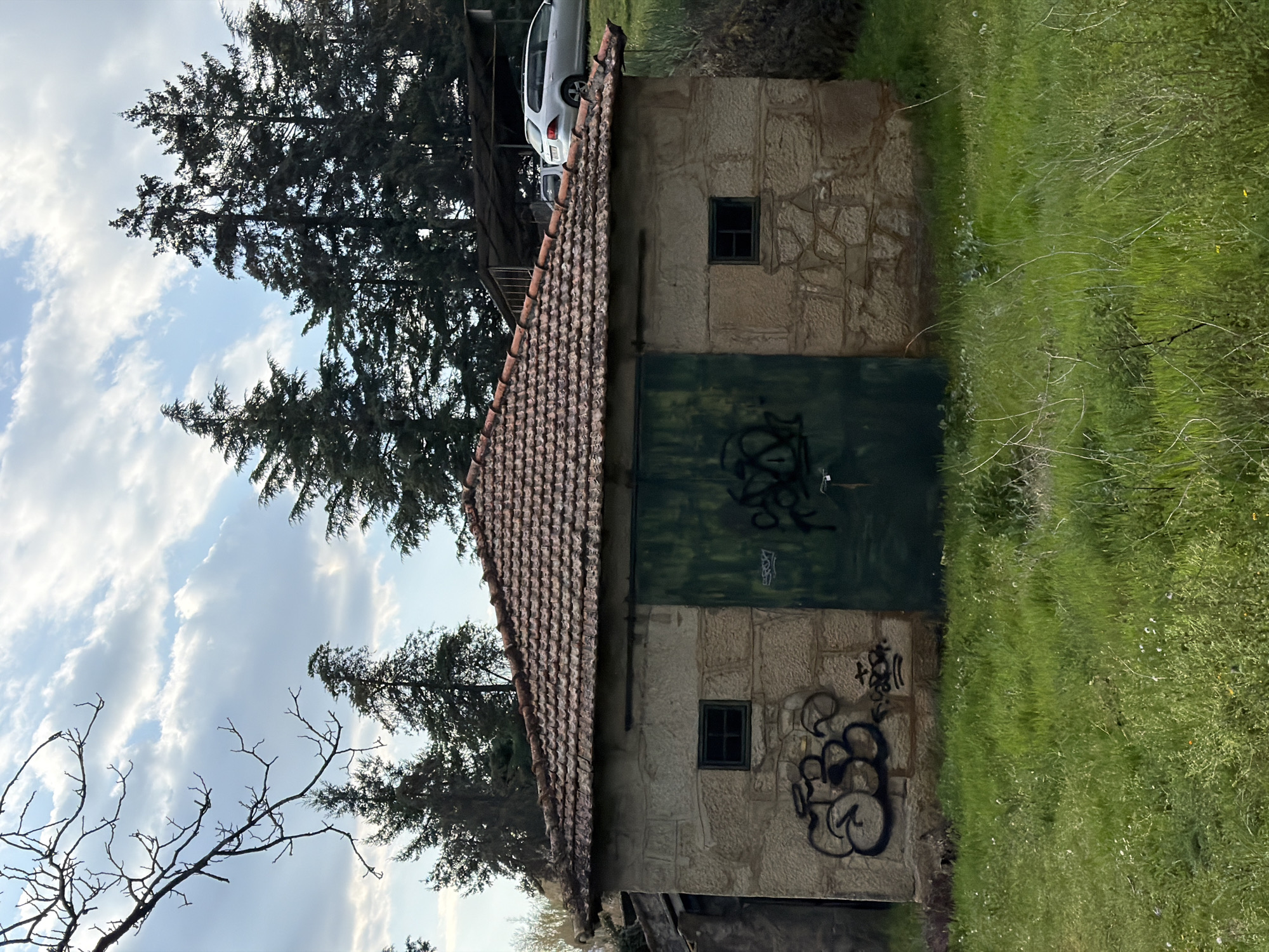 The image displays a single-story stone building situated in a grassy field in Bragança, Portugal, under a partly cloudy sky. The building features walls constructed from irregular, light-colored stone blocks and a pitched roof covered with weathered reddish-brown terracotta tiles. The front facade presents a centrally positioned, large, dark green metal double-door. Two small, rectangular windows with dark frames are present, one on each side of the main door. Black spray paint graffiti is visible on the lower section of the left wall and on the dark green door. The foreground consists of vibrant green grass interspersed with small white and yellow wildflowers. In the background, a dense cluster of tall, dark green coniferous trees is prominent. To the far right, a silver station wagon or SUV is partially visible, parked on an elevated grassy area beneath a dark, tarp-like canopy structure. No individuals, actions, or interactions are observed within the scene.