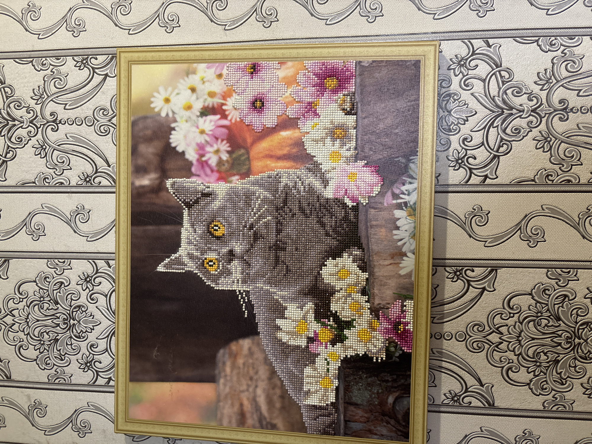 The image displays a framed diamond painting of a gray cat with yellow eyes, resting amidst a bouquet of pink and white daisies. The painting is hung on a wall with ornate damask wallpaper in shades of gray and white. The lighting suggests an indoor setting. There is no indication of the city of Ильпанур, Russia, in the provided image.