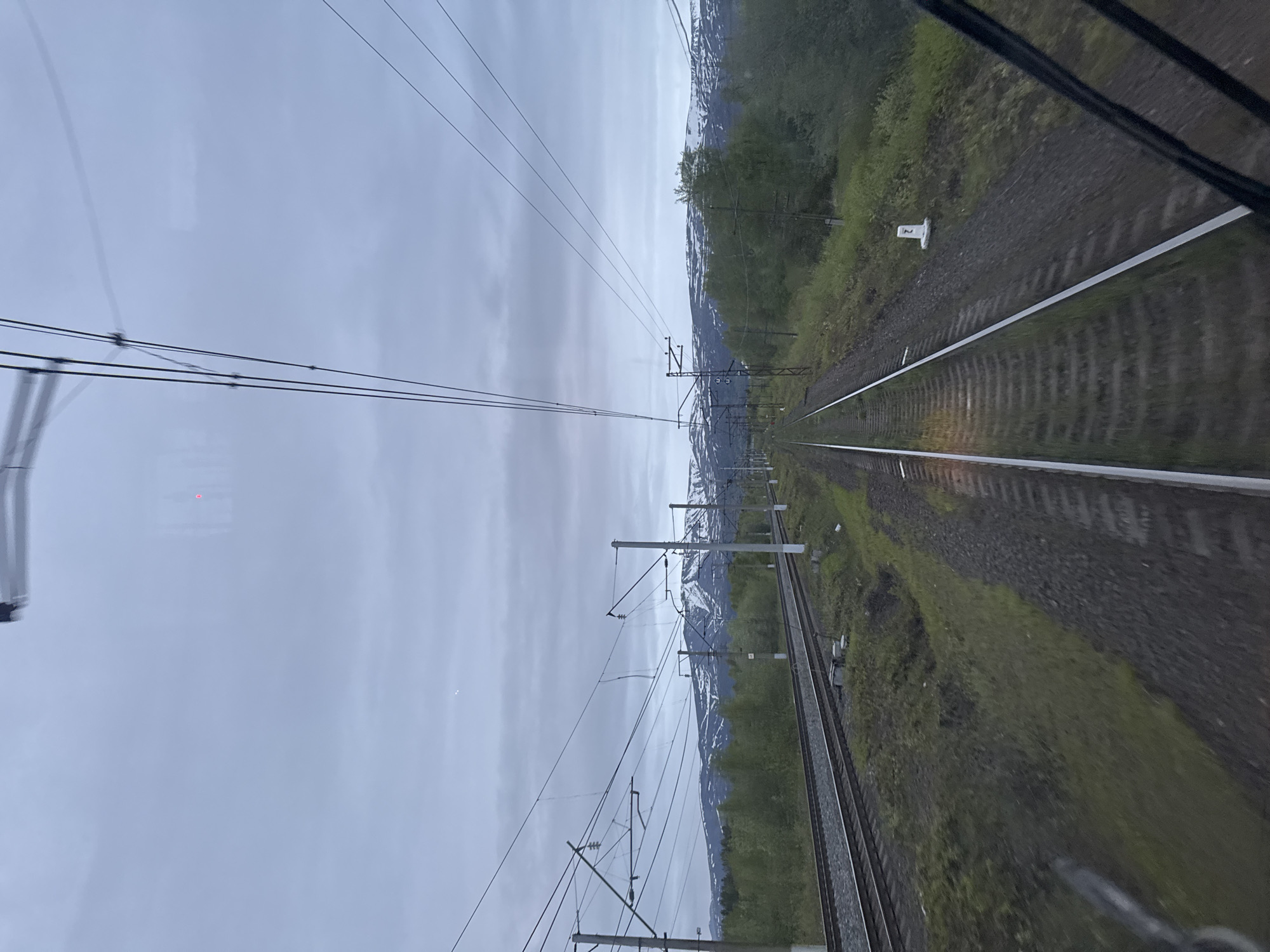 The image, taken from inside a moving train, depicts a landscape view looking along parallel train tracks stretching into the distance. The perspective is from a window, with faint reflections visible, including a small red dot, possibly from an internal light.
In the foreground, two railway tracks with gravel ballast recede into the horizon. To the right of the tracks, a white marker post with the number "2" printed on it stands beside the line. An extensive network of power lines and their supporting poles, part of the catenary system for an electrified railway, runs parallel to the tracks, dominating the middle ground of the sky.
The surrounding landscape features green vegetation, including trees and grass, lining both sides of the railway. In the background, rugged mountains, some with visible patches of snow on their peaks and slopes, rise beneath a heavily overcast and uniformly gray sky. The dim, diffused lighting suggests a gloomy, cloudy day, or possibly dawn or dusk. No people are visible in the scene. The combination of snowy mountains, northern vegetation, and electrified railway lines is consistent with the location context of Apatity, Russia.