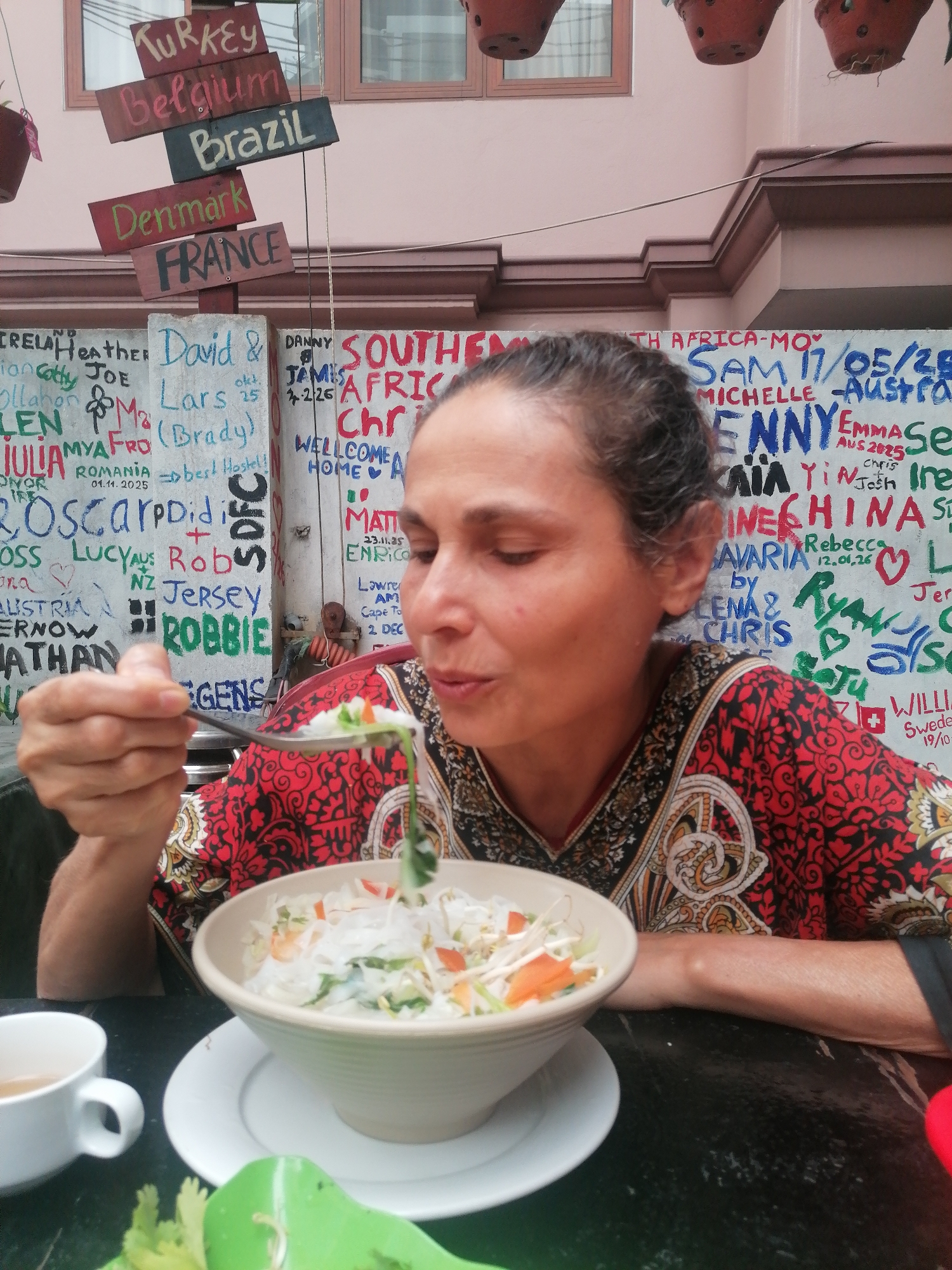 A woman is eating a salad consisting of rice noodles, carrots, sprouts, and greens with a fork. She is sitting at a table with a cup of tea, and a plate with lime and herbs. The background has a wall with graffiti of names, dates, and countries, a sign with directions to "Turkey," "Belgium," "Brazil," "Denmark," and "France," and potted plants. The location may be a cafe or hostel in Bai Chay Ward, Vietnam, based on the Vietnamese style meal and location details in the graffiti.