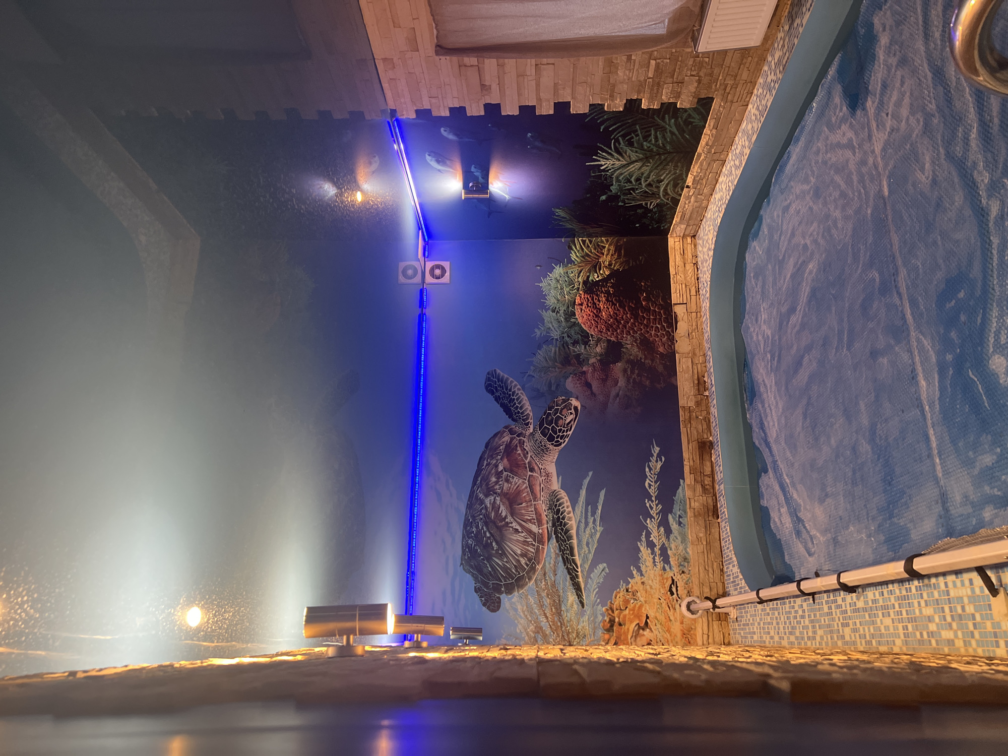 The image depicts a room in Perm, Russia, with an underwater-themed décor. A large mural featuring a sea turtle and coral reef covers a wall. To the right, there appears to be a pool covered by a blue tarp. Above, there are projector lights and shark images projected on the ceiling. The room is illuminated with blue LED strips and warm spotlights. The flooring and wall materials are textured, resembling stone or brickwork.