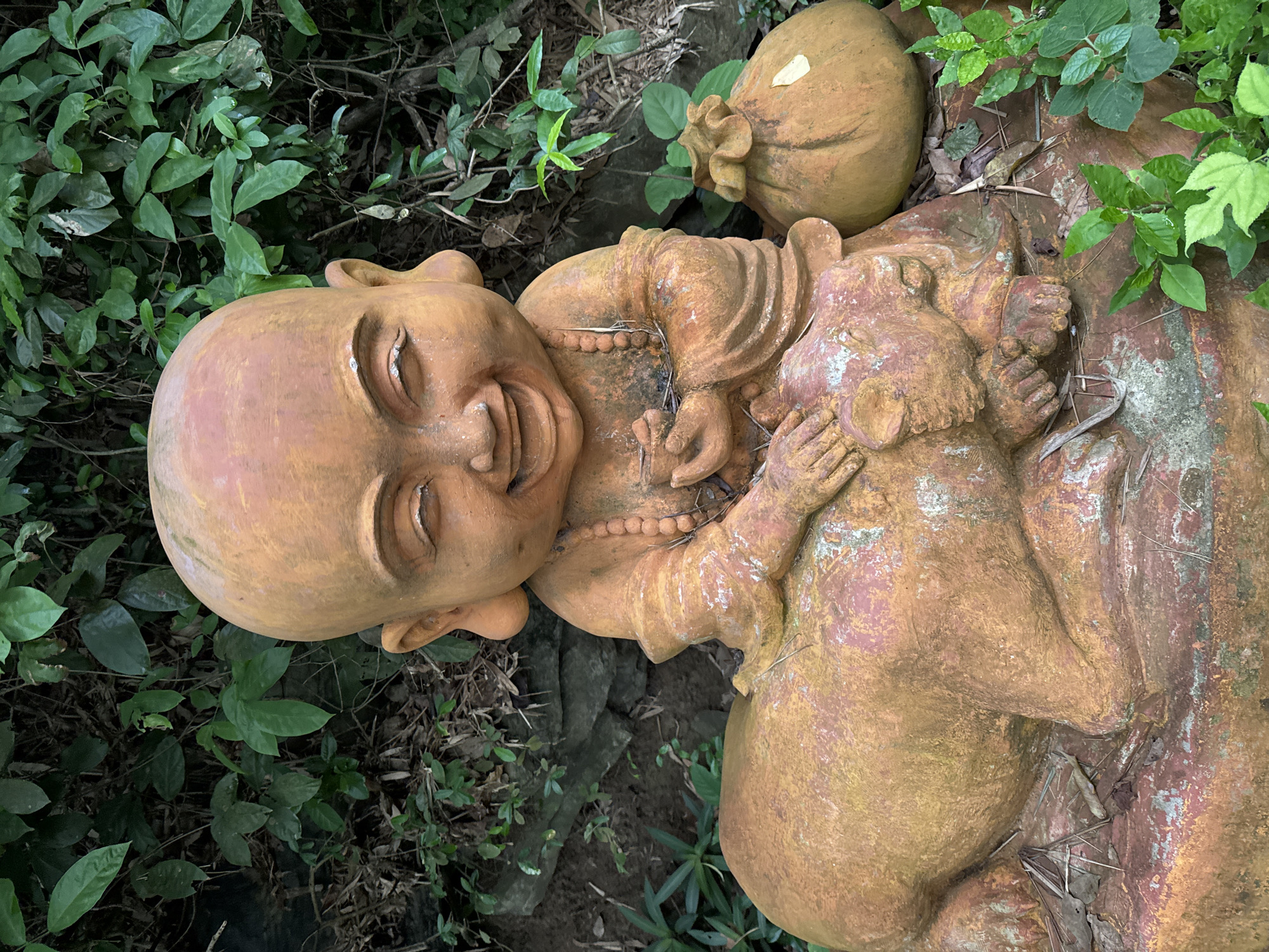 A terracotta statue of a laughing child monk sits on top of a reclining animal, possibly a lion or tiger, with a small sack to the right. The statue is weathered and covered in moss, indicating it is outdoors. The background is filled with lush green foliage and rocks, suggesting a garden or natural setting. The scene is likely located in Tây Hoa Lư Ward, Vietnam, given the description.