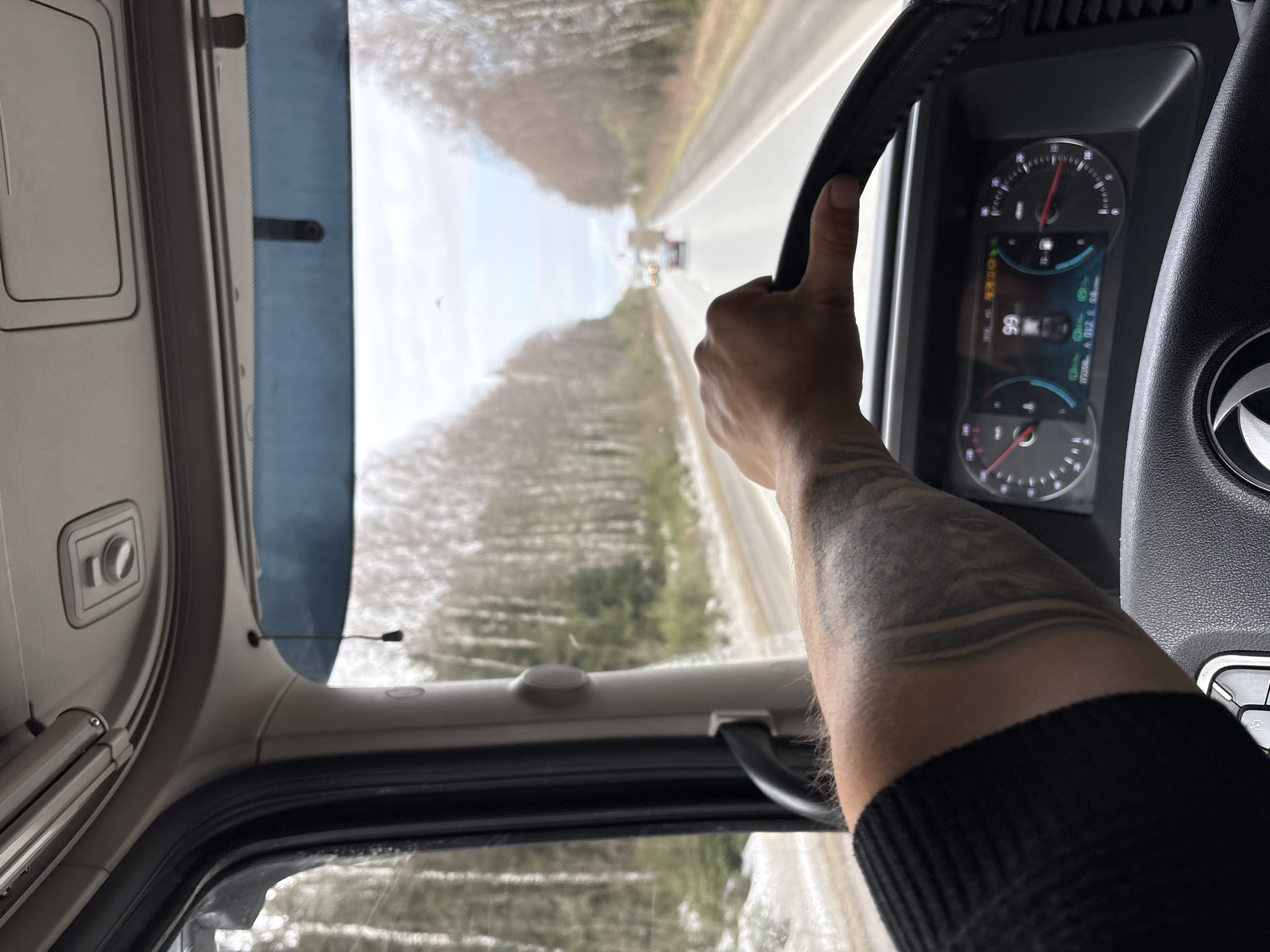 The image captures a first-person perspective from the driver's seat of a vehicle, likely a truck, in motion on a highway near Iiul'skoe, Russia. The focus is on a person's right arm, which is extensively tattooed and clad in a black ribbed sleeve, as it grasps the steering wheel.
Through the windshield, a straight, multi-lane road extends into the distance, with two other vehicles faintly visible far ahead. The road surface appears damp or reflective, suggesting recent precipitation or snowmelt. The surrounding landscape features dense stands of trees with pale, slender trunks, characteristic of birch forests, lining both sides of the highway. The sky overhead is bright but overcast, indicating daytime conditions.
The vehicle's dashboard is visible to the right of the steering wheel, featuring a digital instrument cluster. A prominent digital readout displays "99," likely the speed in kilometers per hour. Other visible information includes an odometer reading of "97295 km," a time display of "0:12," and a fuel gauge indicator marked with "E." Analog dials for engine RPM and speed are also present. The interior elements visible include part of a grey sun visor, a sturdy windshield frame, and a small control knob mounted on the ceiling. The overall scene suggests a journey through a cooler climate region, possibly during early spring or late autumn, given the appearance of the trees.