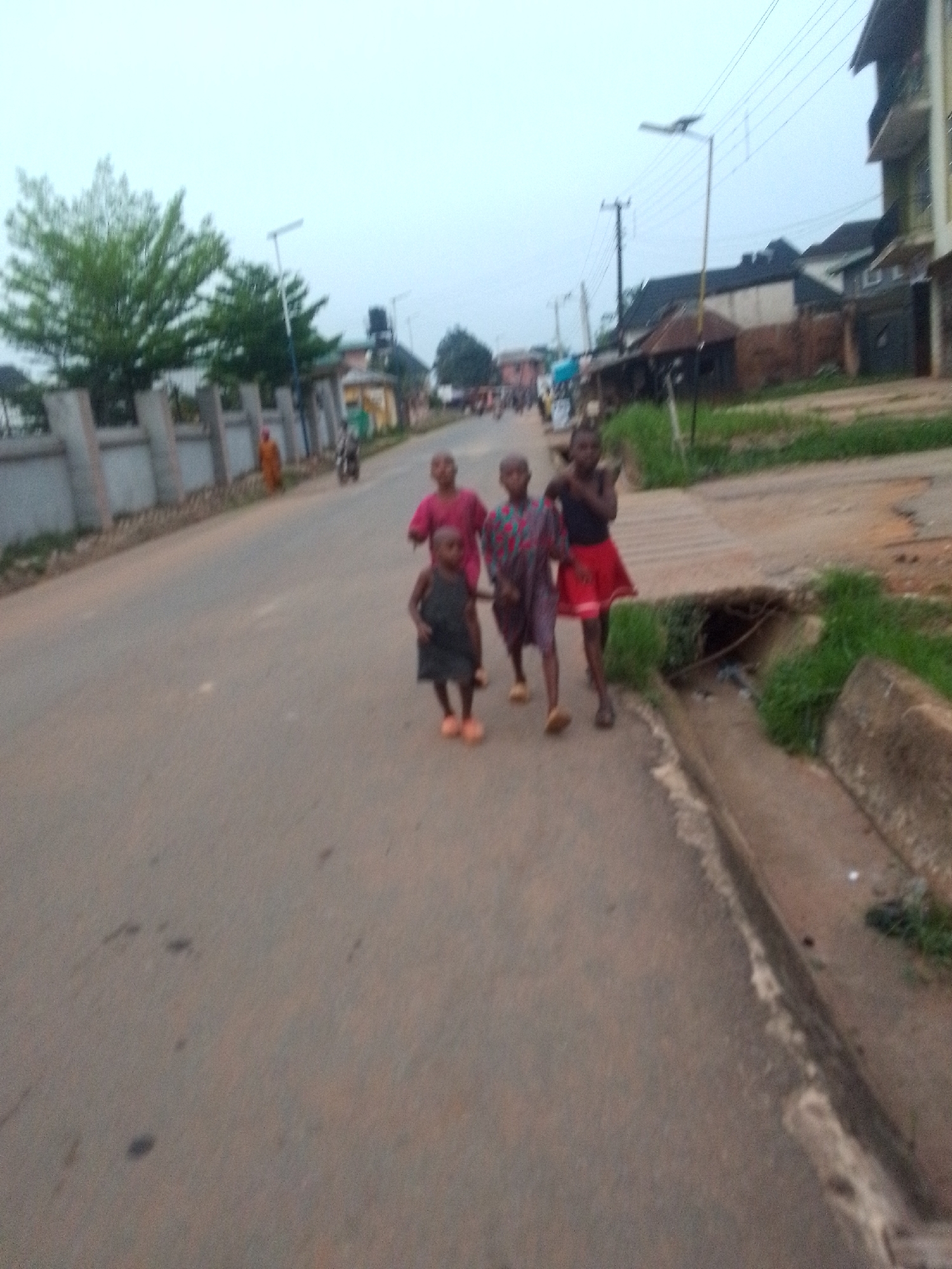 The image captures a street scene in Orlu, Nigeria, focusing on a group of young children walking down an asphalt road. The setting is a semi-urban or residential area, characterized by a mix of functional infrastructure and natural elements under a soft, diffused light, suggesting either early morning or late afternoon/dusk with an overcast sky.
In the foreground, five children are seen moving along the road, seemingly walking or playing. The closest child, a toddler, wears a dark dress and orange-brown shoes, positioned on the left side. Beside this child is another in a pink top and patterned shorts. To their right, a girl wears a red skirt and dark top, with another child in a pink top slightly behind. The children appear relaxed and engaged in their activity.
To the right of the road, a concrete drainage ditch, partially filled with overgrown grass and some refuse, runs parallel to the street. The road surface shows some wear.
The background reveals more details of the environment. On the left, a concrete block fence stands alongside the road, behind which vibrant green trees flourish. Further down the street, another individual in an orange outfit walks by the fence, and a motorcycle is partially visible. Buildings of various architectural styles line both sides of the street, including a multi-story structure with balconies on the right and other single-story buildings. Overhead power lines and utility poles are prominent, along with modern street lights, some equipped with solar panels. A water tank on a stand is also visible on the left side, above a building.
The scene depicts a slice of daily life in Orlu, featuring children freely navigating their local environment. There is no discernible text visible in the image.