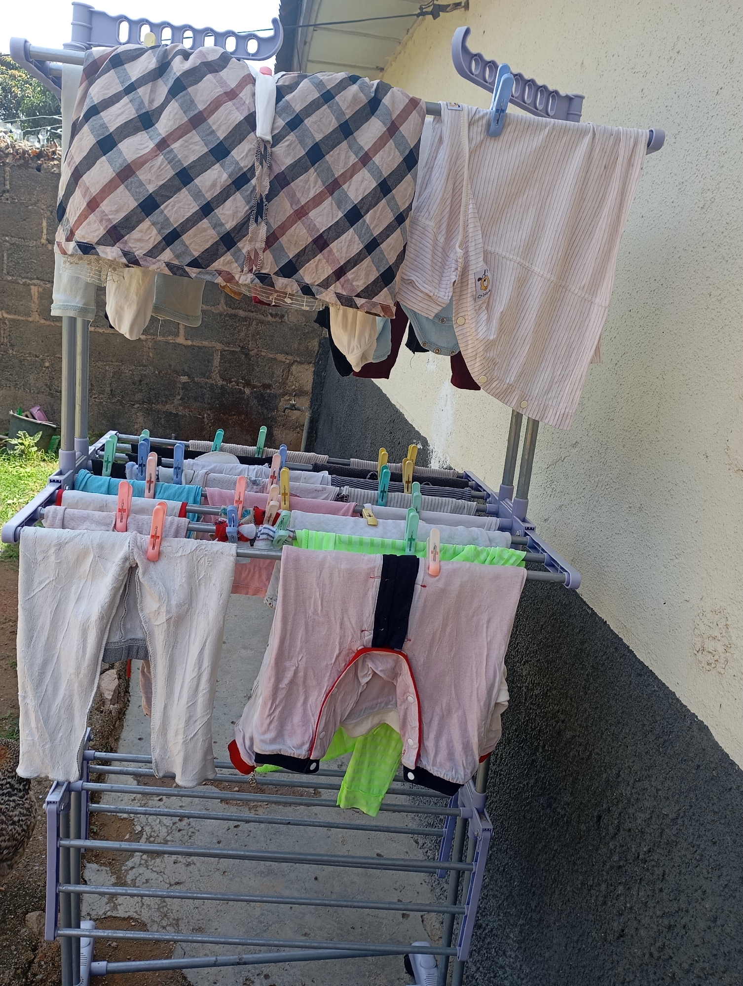 A tall, multi-tiered drying rack is positioned outdoors, against a textured, pale yellow wall and a dark gray, rough surface. The rack is laden with various items of clothing, all clipped to the bars. On the top tier, a large, checkered fabric item is draped, held by white clips. To its right, a light-colored, striped garment is also hanging, secured with a blue clothespin. Below this, multiple rows of smaller clothing items, including what appear to be children's clothes, are arranged. These items are held in place by an assortment of colorful clothespins: pink, blue, green, and yellow. The ground beneath the rack appears to be concrete with some dirt and debris. To the left of the rack, a portion of a brick wall is visible, with some green foliage peeking out from behind it. In the lower left corner, the back of a hen is visible, facing away from the camera.