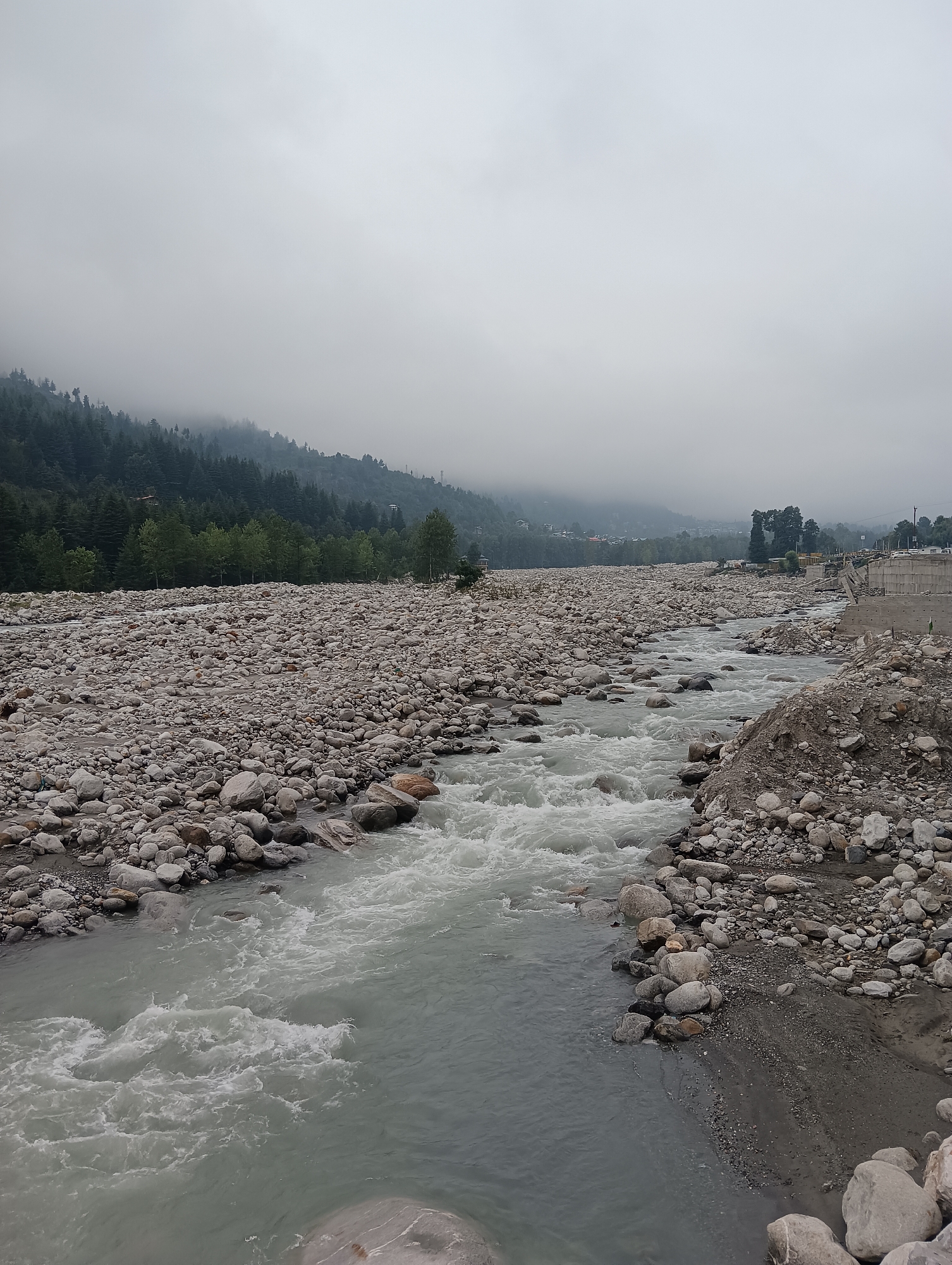 The image depicts a wide, rocky river flowing through a valley in Vashisht, India. The riverbanks are densely packed with smooth, gray and brown stones of various sizes. The water is a murky, light gray and appears to be flowing rapidly, with visible ripples and foam. In the background, a dense forest of evergreen trees covers the lower slopes of a mountain range, which is shrouded in mist and clouds. The sky is overcast and gray, suggesting a cool or rainy day. On the right side of the river, there is a construction site with concrete structures and piles of dirt and rocks. The overall scene is natural and somewhat rugged, with hints of human development near the river. There are no people or animals visible in the frame.