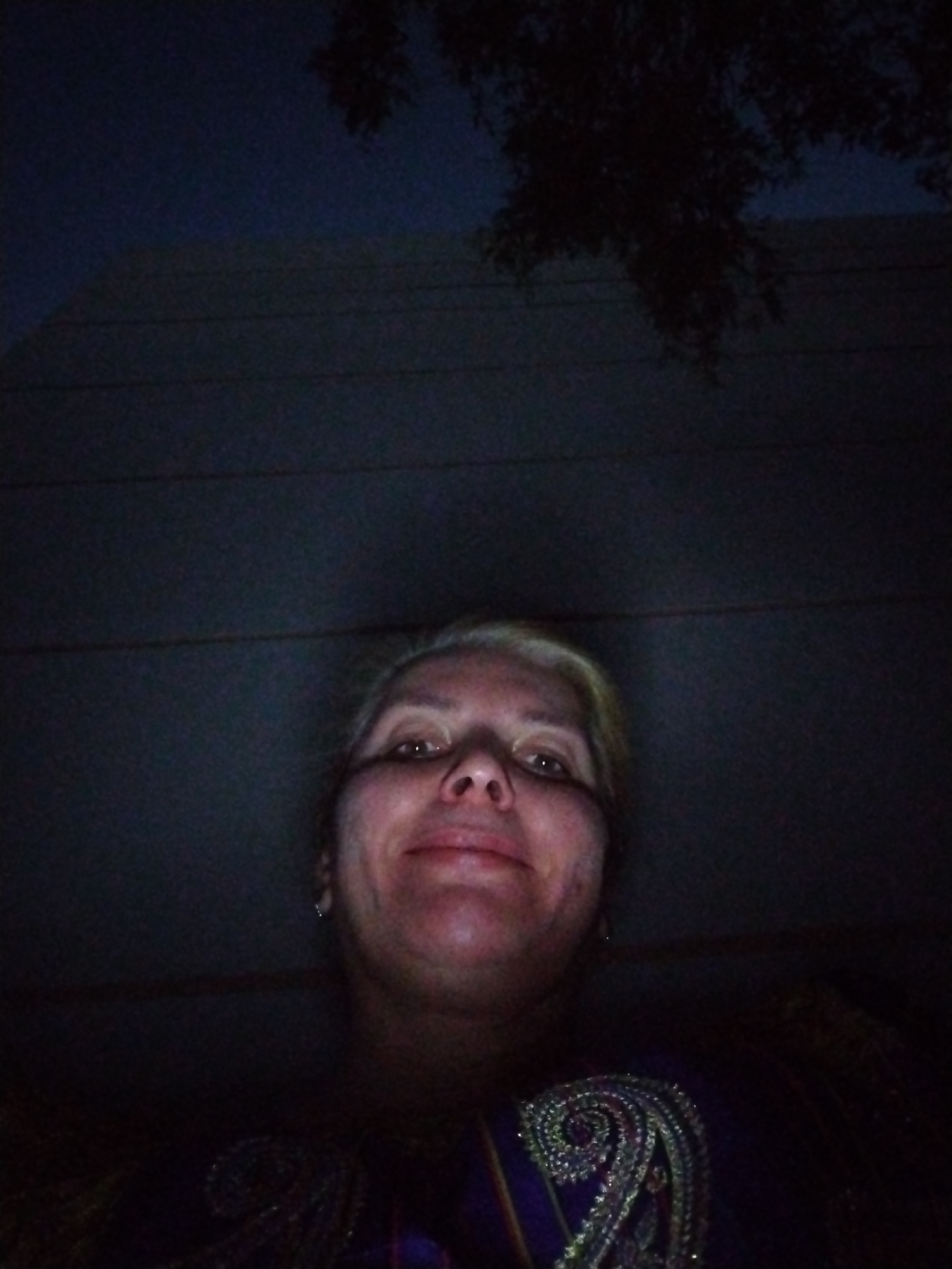 A low-angle, dark, outdoor selfie shows a woman's face and upper chest. The woman has fair skin, blonde hair, and is wearing a dark, embellished top. She appears to be looking up at the camera. The background is dark, with horizontal lines visible, suggesting a wall or siding. A tree branch is visible in the upper portion of the image. The image was taken at night in Al Mas'oudi, United Arab Emirates.