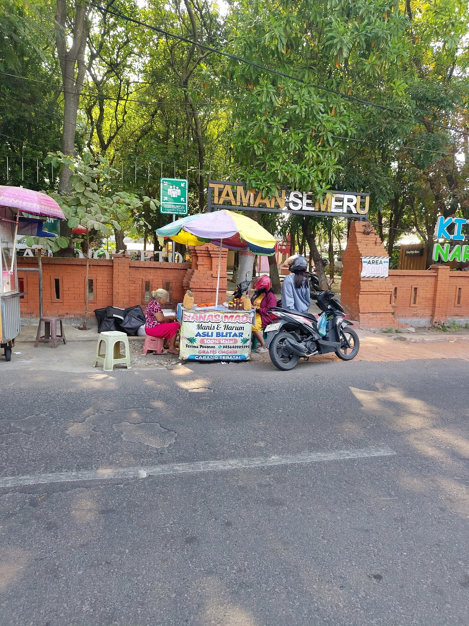 The image depicts a roadside scene in front of a park entrance in Mojokerto, Indonesia. The park entrance features a brick wall with decorative elements and a prominent sign reading "TAMAN SEMERU". To the right of the entrance, a sign indicates "AREA PARKING". In front of the park entrance, a small fruit stand is set up. An elderly woman, wearing a pink shirt and skirt, sits on a plastic stool behind the stand, tending to some items. Two individuals, a woman in a gray sweatshirt and a younger person in a maroon jacket, are standing next to a black motorcycle parked at the fruit stand. The fruit stand displays a banner with text in Indonesian, including "Nanas Madu" (Honey Pineapple) and a phone number. Umbrellas cover the fruit stand, providing shade. A street runs in front of the scene, with visible road markings. Trees and foliage are present in the background, suggesting a park or a green area. The overall atmosphere is that of a typical street scene with commercial activity near a public space.