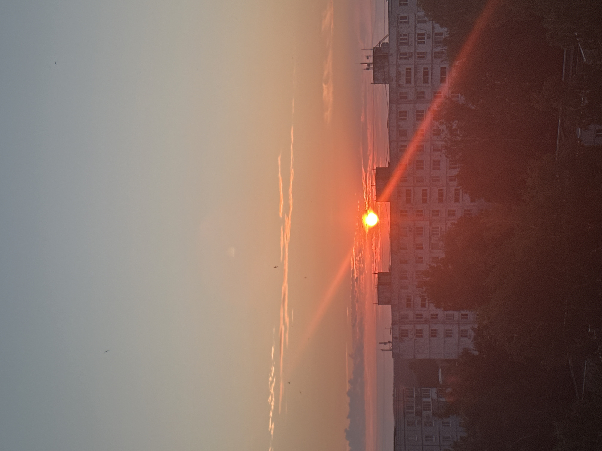 The image depicts a city skyline at sunset. The sun, a bright orange orb, is positioned just above the horizon, casting a warm glow across the sky. Rays of sunlight emanate from the sun, creating a lens flare effect that streaks across the frame. In the foreground, several apartment buildings rise above a dense canopy of trees. The buildings are several stories high and appear to be made of concrete. Some of the buildings have antennas on their roofs. The sky transitions from a soft blue at the top to a warm orange and pink hue near the horizon. A few wispy clouds are scattered across the sky. The overall impression is one of a peaceful evening in an urban setting.
