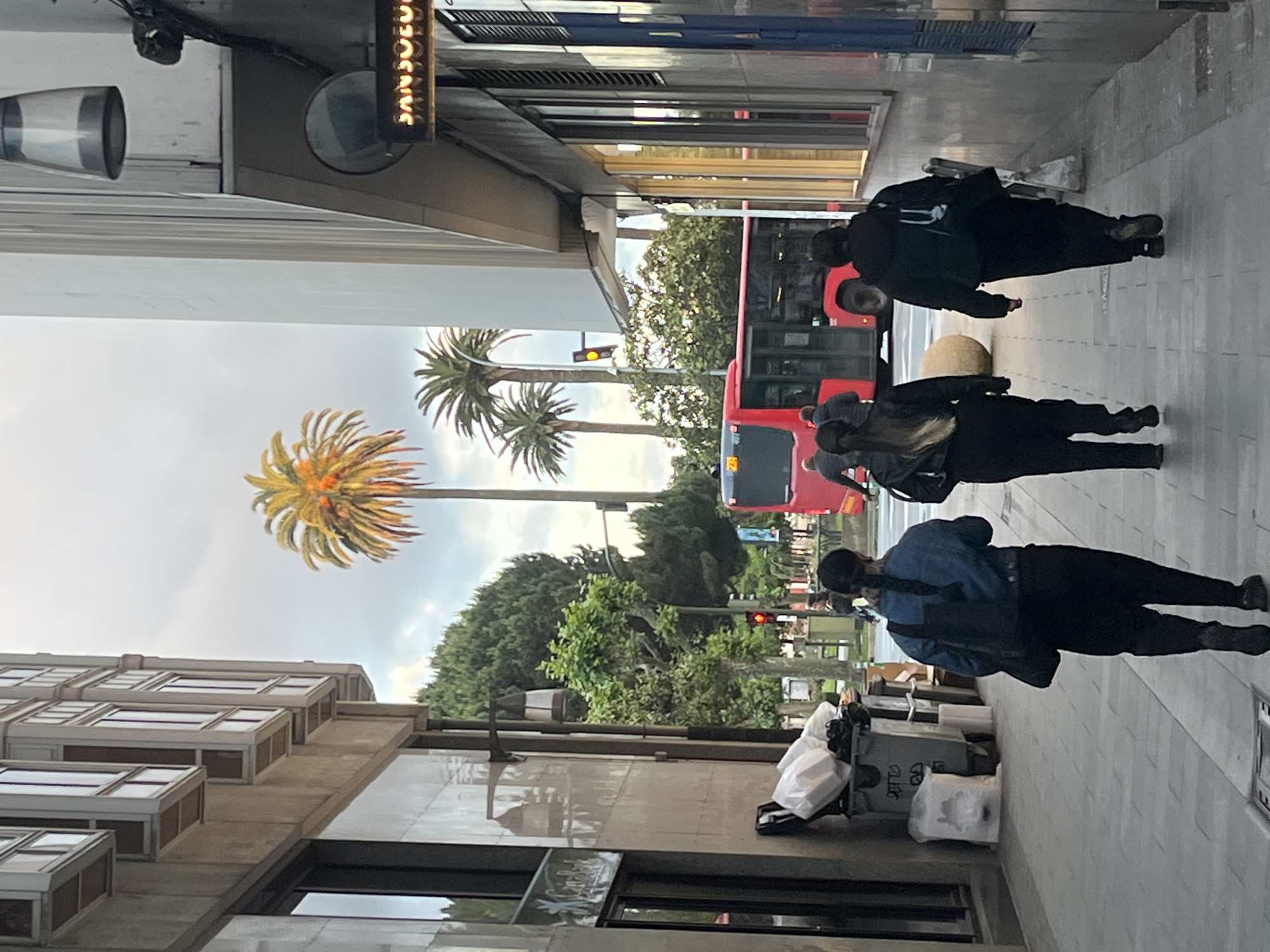 The image depicts a street scene in A Coruña, Spain. The focus is on the pedestrian walkway and the adjacent street. The buildings on either side are modern, with glass and concrete facades. Palm trees line the street, adding a tropical feel to the urban environment. A red double-decker bus is visible in the background, partially obscured by trees. Several pedestrians are walking on the pavement, some wearing dark clothing. There is a bin and some refuse bags on the pavement. The sky is overcast.
